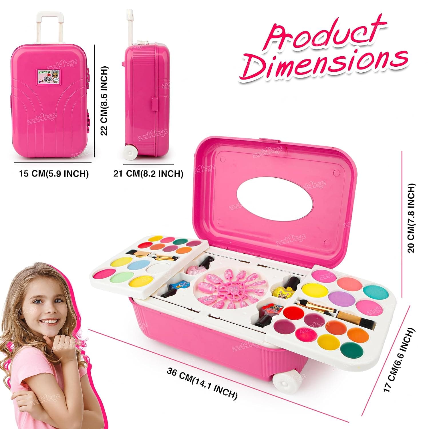 2 in 1 Cosmetic Makeup Palette and Nail Art Kit for Kids with Portable Trolly Bag | Pretend Play Toy for Girls -Plastic , Multicolor — view 3