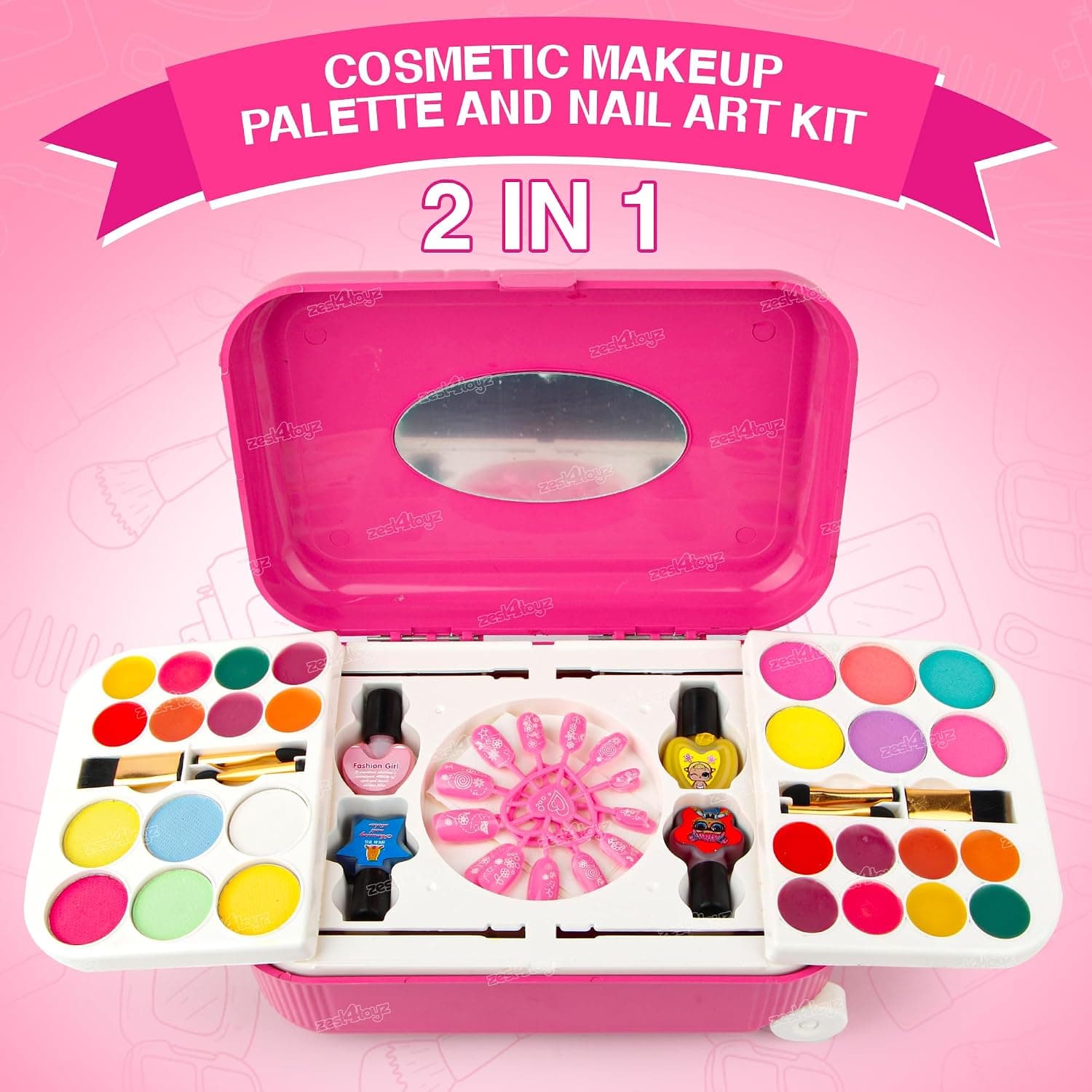 2 in 1 Cosmetic Makeup Palette and Nail Art Kit for Kids with Portable Trolly Bag | Pretend Play Toy for Girls -Plastic , Multicolor — view 5