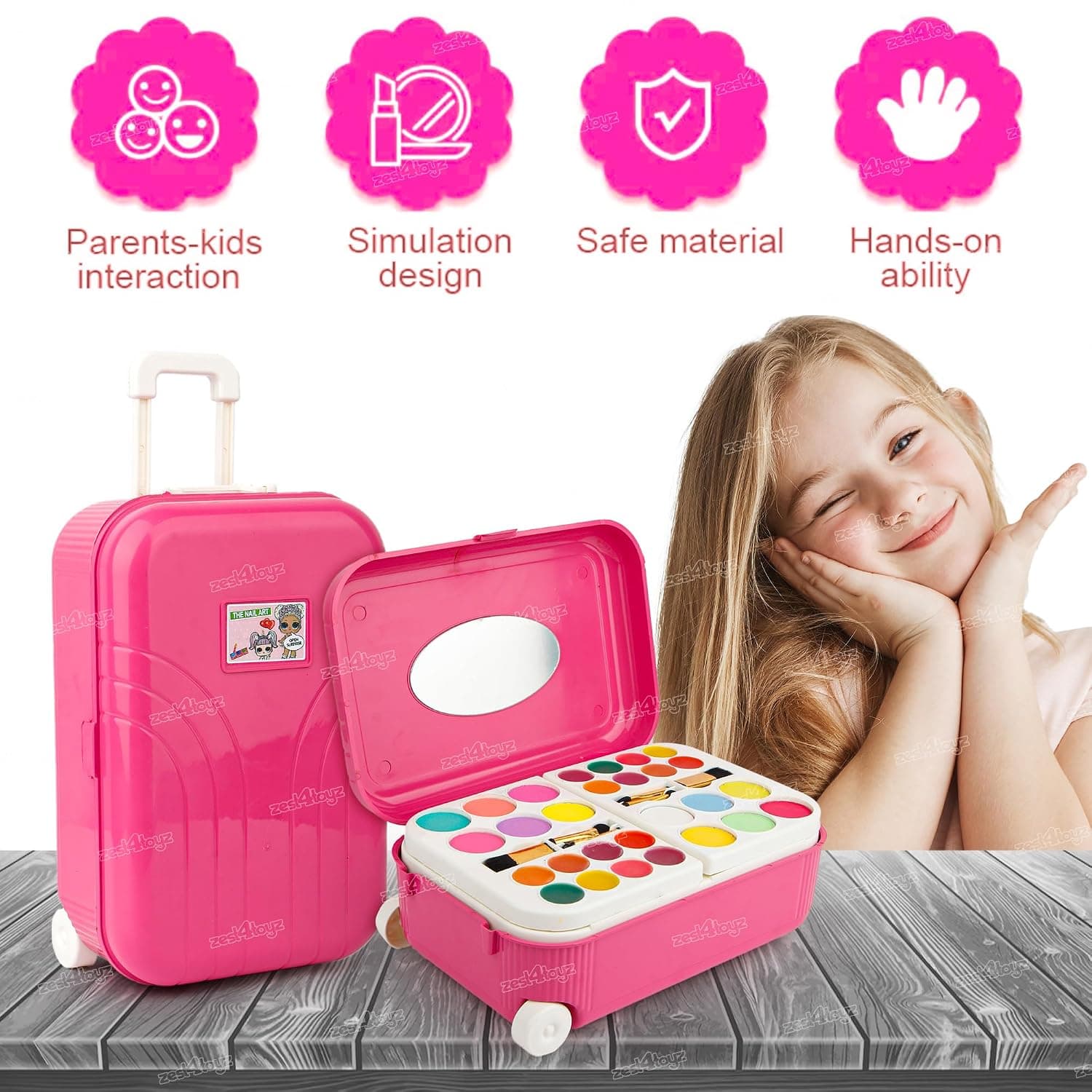 2 in 1 Cosmetic Makeup Palette and Nail Art Kit for Kids with Portable Trolly Bag | Pretend Play Toy for Girls -Plastic , Multicolor — view 7