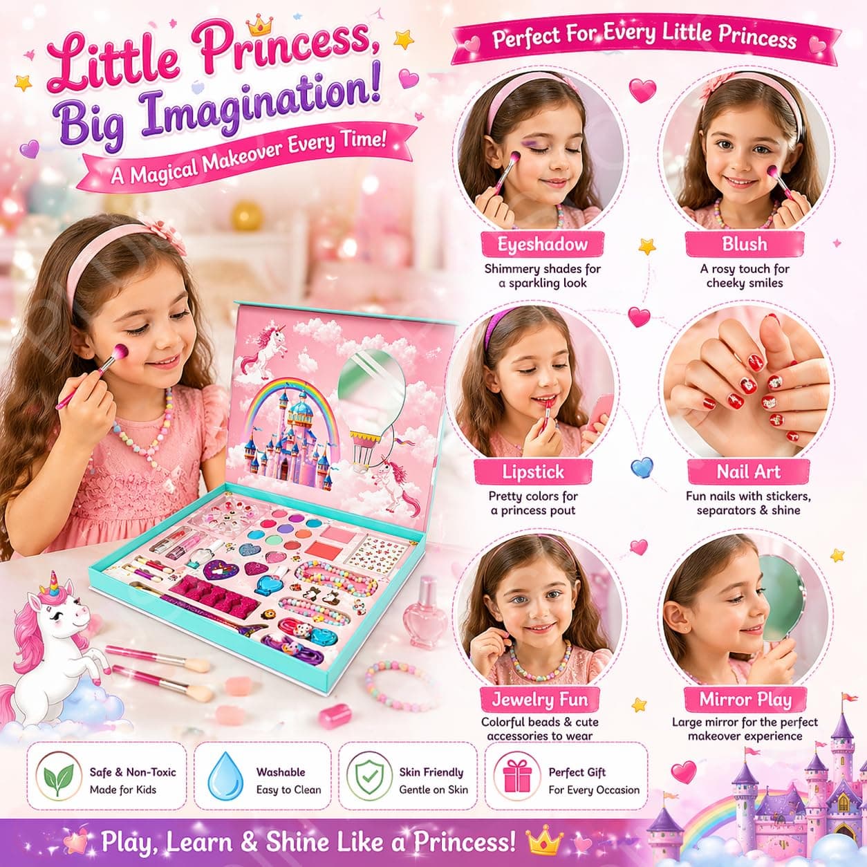 Kids Makeup & Accessory Kit for Girl, Washable Makeup Set for Girls, Makeup Set for Kids, Girl Toys Children Play Makeup Kit with Folding Case Birthday Gifts for Girls Age 4 5 6 7 8 Year Old — view 2