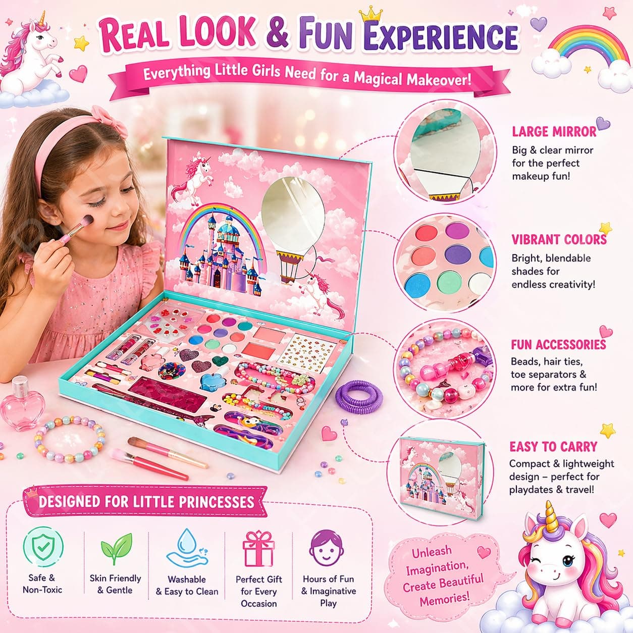 Kids Makeup & Accessory Kit for Girl, Washable Makeup Set for Girls, Makeup Set for Kids, Girl Toys Children Play Makeup Kit with Folding Case Birthday Gifts for Girls Age 4 5 6 7 8 Year Old — view 3
