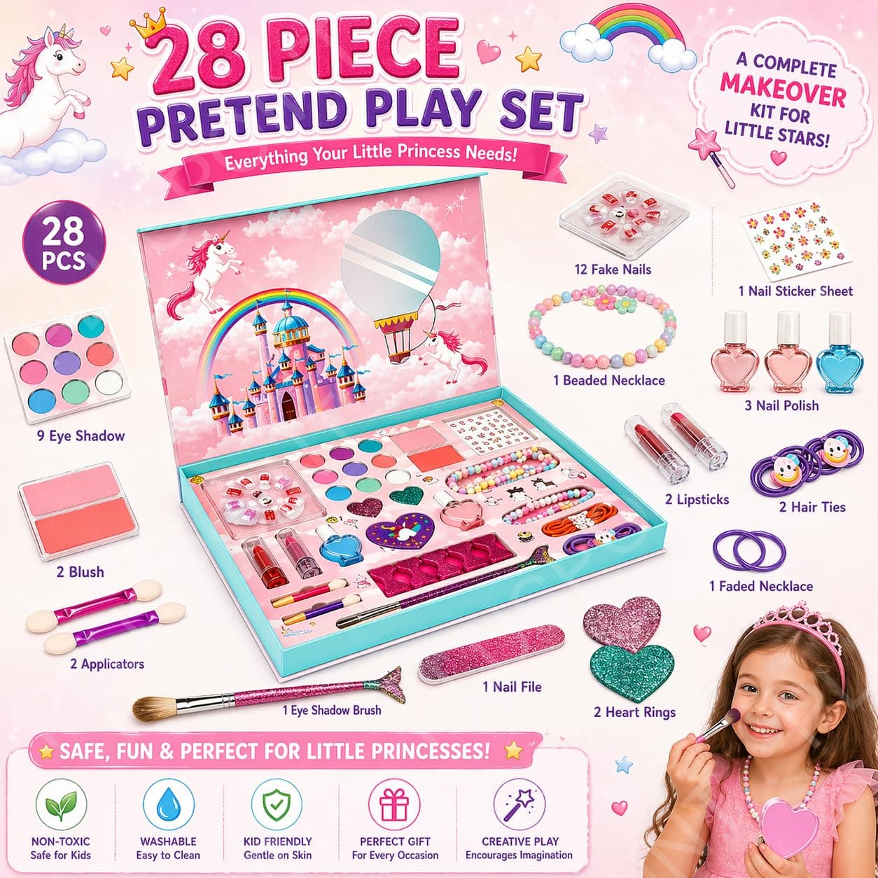 Kids Makeup & Accessory Kit for Girl, Washable Makeup Set for Girls, Makeup Set for Kids, Girl Toys Children Play Makeup Kit with Folding Case Birthday Gifts for Girls Age 4 5 6 7 8 Year Old — view 4