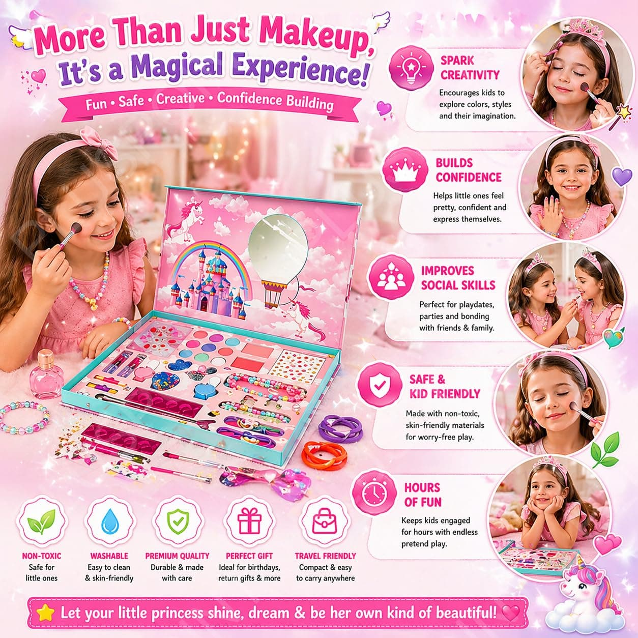 Kids Makeup & Accessory Kit for Girl, Washable Makeup Set for Girls, Makeup Set for Kids, Girl Toys Children Play Makeup Kit with Folding Case Birthday Gifts for Girls Age 4 5 6 7 8 Year Old — view 6