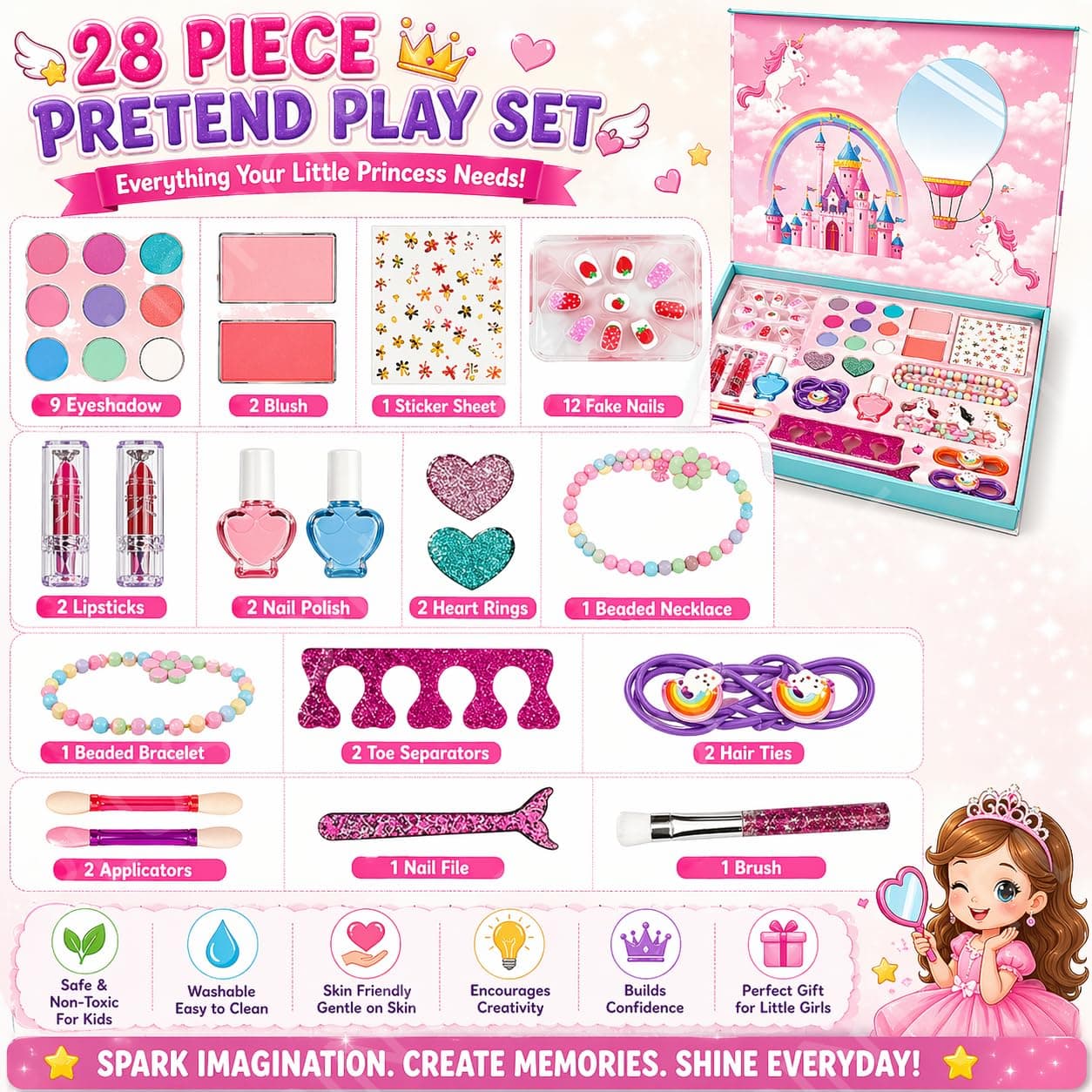 Kids Makeup & Accessory Kit for Girl, Washable Makeup Set for Girls, Makeup Set for Kids, Girl Toys Children Play Makeup Kit with Folding Case Birthday Gifts for Girls Age 4 5 6 7 8 Year Old — view 7