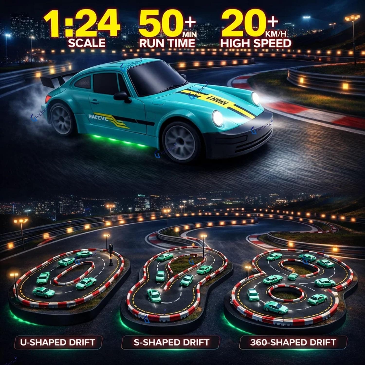 Kidoyz 1:24 Remote Control Car Toy for Kids Adult 20Kmph 2.4Ghz 4WD RC Drift Car 4x4 20 kmph Offroad LED Lights Sports Racing Tyres High Speed Mastang Stunt Car for Boys 4-14 Years (Random Colour) — view 2