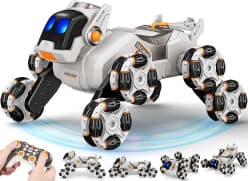 8-Wheel Stunt RC Robot Dog | 2.4GHz Remote-Controlled Pet with Drift Wheels, 360° Rotation, LED Eyes & Smoke Effect | Interactive Robotic Toy for Kids Rechargeable RC Stunt Dog (White)..
