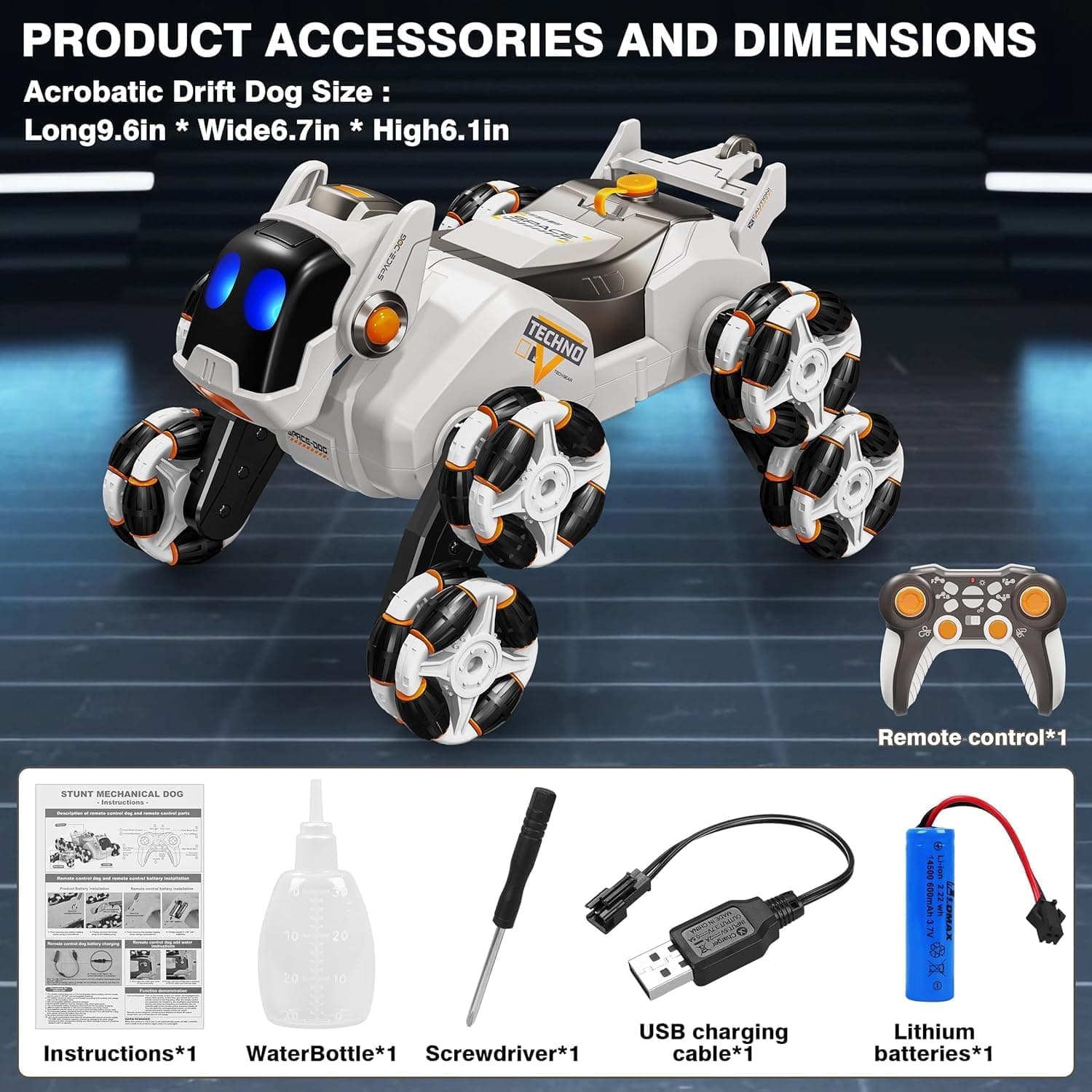 8-Wheel Stunt RC Robot Dog | 2.4GHz Remote-Controlled Pet with Drift Wheels, 360° Rotation, LED Eyes & Smoke Effect | Interactive Robotic Toy for Kids Rechargeable RC Stunt Dog (White).. — view 2