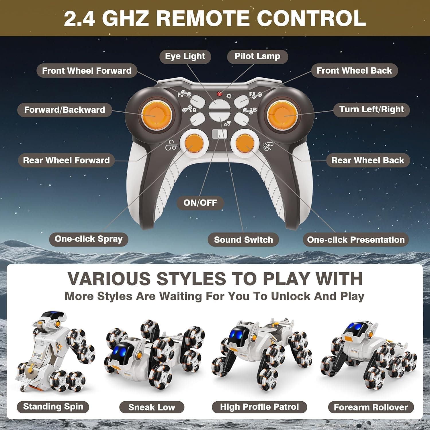 8-Wheel Stunt RC Robot Dog | 2.4GHz Remote-Controlled Pet with Drift Wheels, 360° Rotation, LED Eyes & Smoke Effect | Interactive Robotic Toy for Kids Rechargeable RC Stunt Dog (White).. — view 3