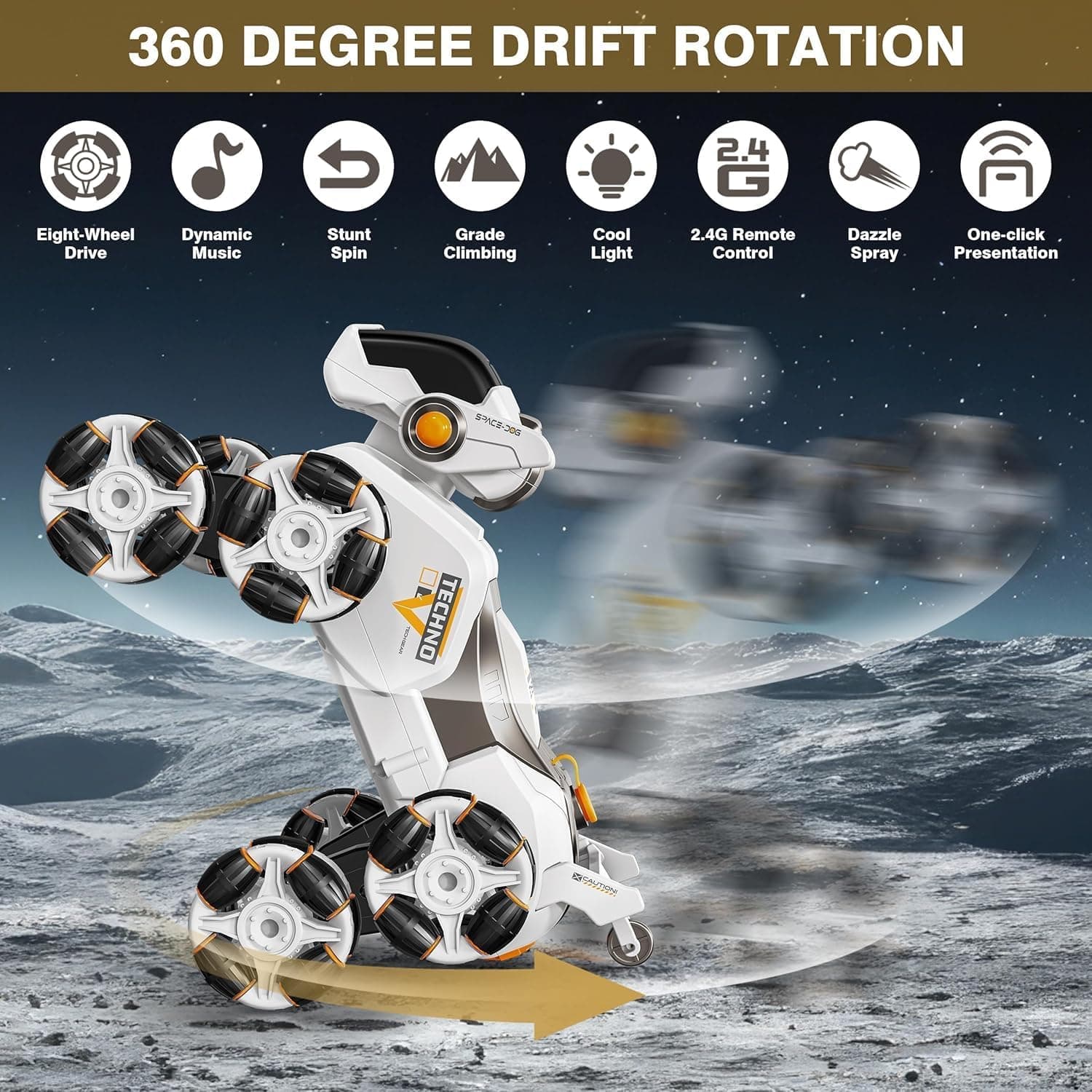 8-Wheel Stunt RC Robot Dog | 2.4GHz Remote-Controlled Pet with Drift Wheels, 360° Rotation, LED Eyes & Smoke Effect | Interactive Robotic Toy for Kids Rechargeable RC Stunt Dog (White).. — view 4