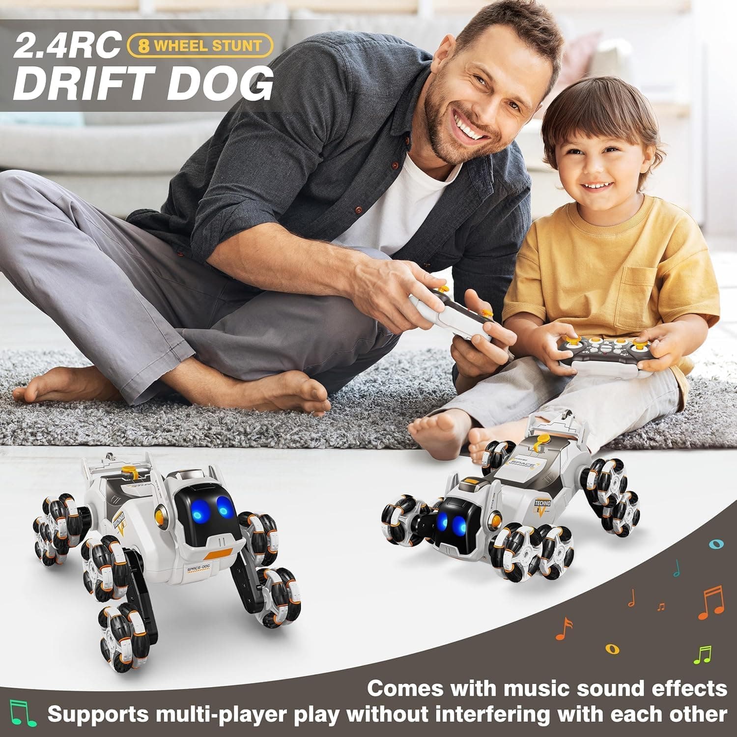 8-Wheel Stunt RC Robot Dog | 2.4GHz Remote-Controlled Pet with Drift Wheels, 360° Rotation, LED Eyes & Smoke Effect | Interactive Robotic Toy for Kids Rechargeable RC Stunt Dog (White).. — view 7