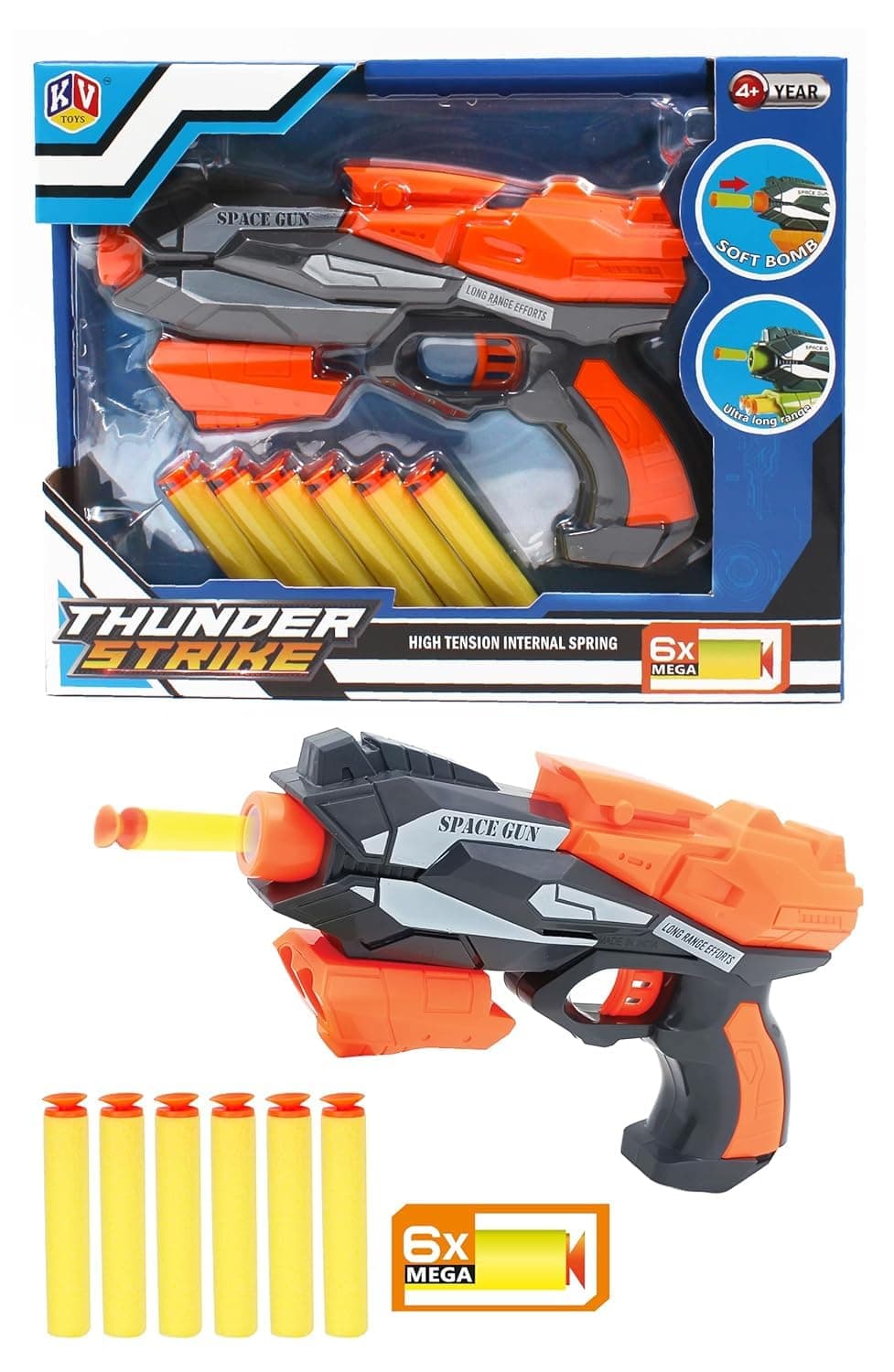 Thunder Strike Space Gun Toy for Kids 4+ | Long Range Foam Dart Blaster with 6 Mega Soft Bullets | Manual Pull Back Action | Safe Shooting Toy Gun | Birthday Gift for Boys & Girls