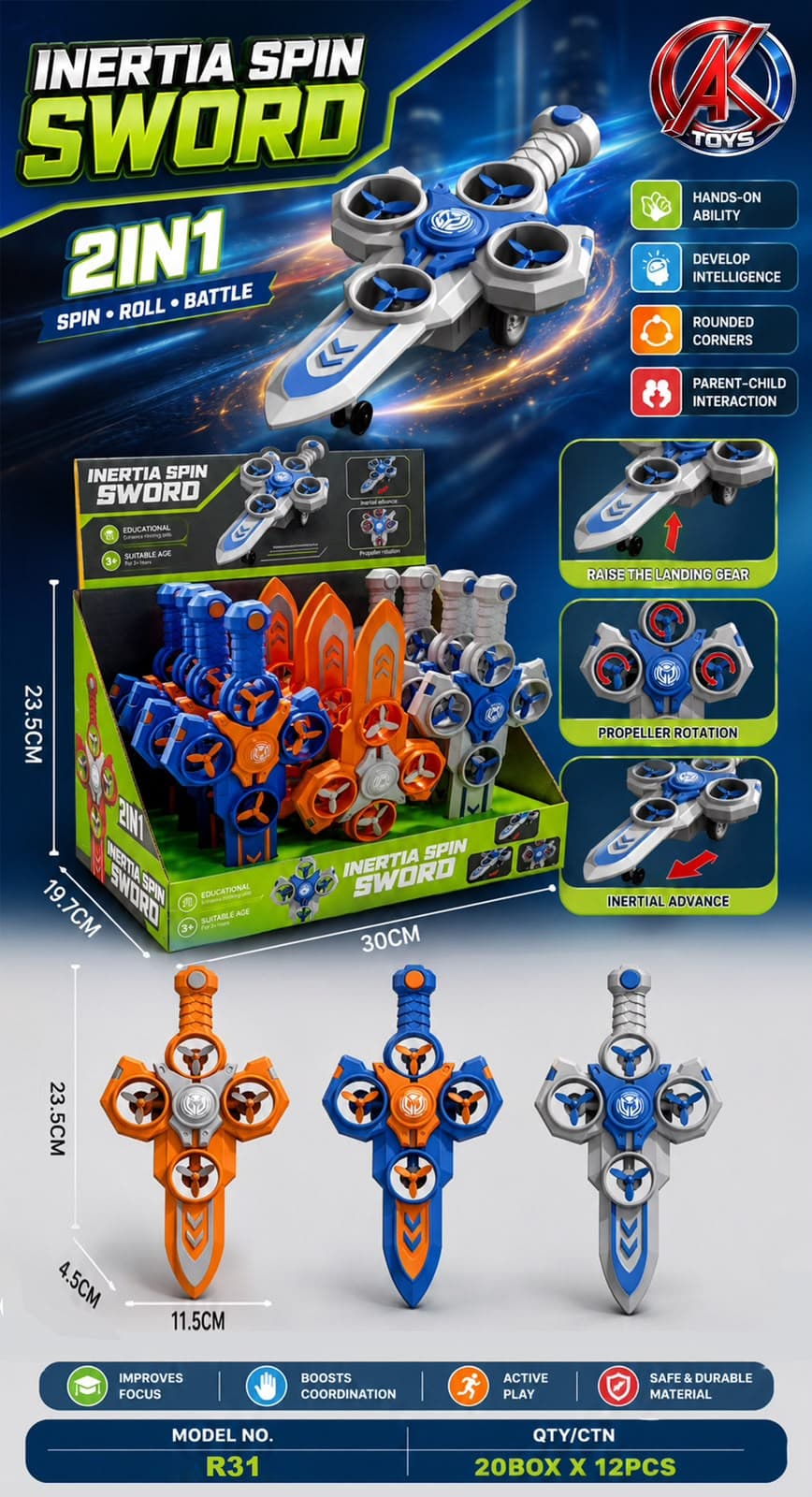 KIDOYZ 2-in-1 Inertia Spin Sword Playset (Pack of 1) – Spin, Roll & Battle Friction Spinning Toy Daggers for Kids (Ages 3+) — view 5