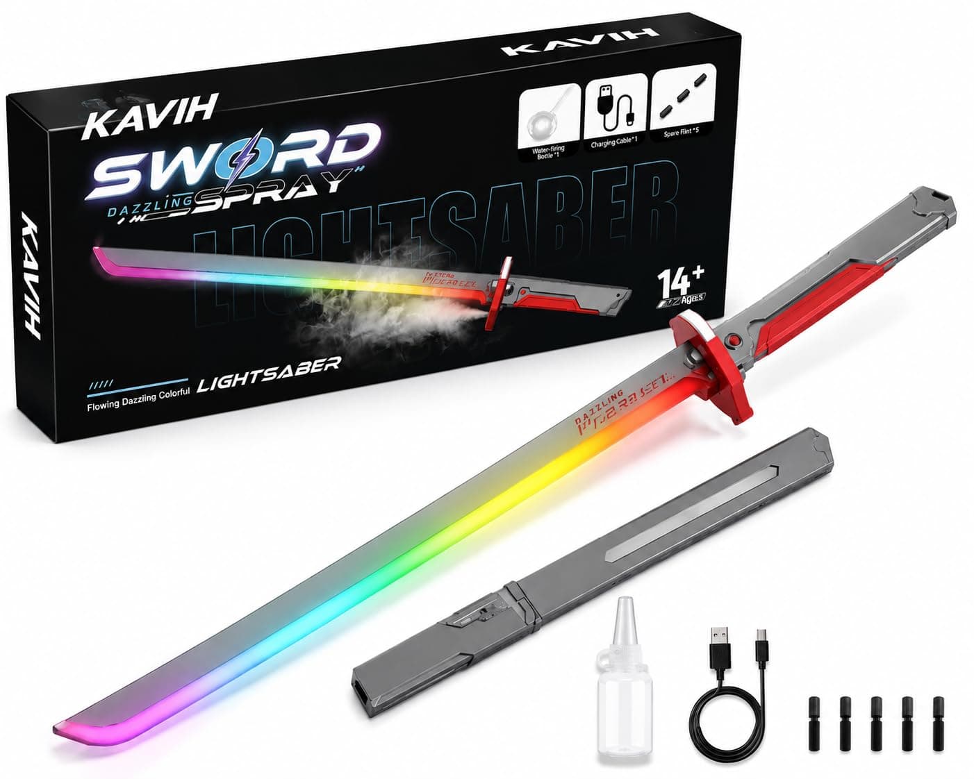 DAZZLING SWORD SPRAY - LED Katana Sword Toy with Mist Spray Effect, Rechargeable RGB Flowing Lights & Sound Effects, USB Charging Anime Role Play Toy