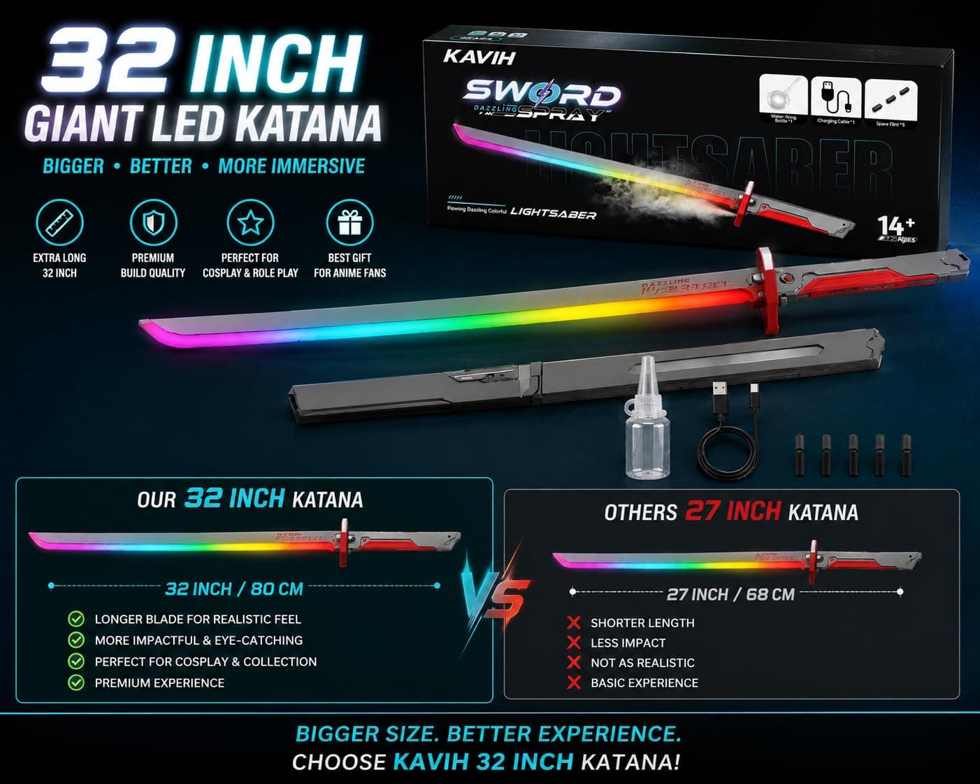 DAZZLING SWORD SPRAY - LED Katana Sword Toy with Mist Spray Effect, Rechargeable RGB Flowing Lights & Sound Effects, USB Charging Anime Role Play Toy — view 3
