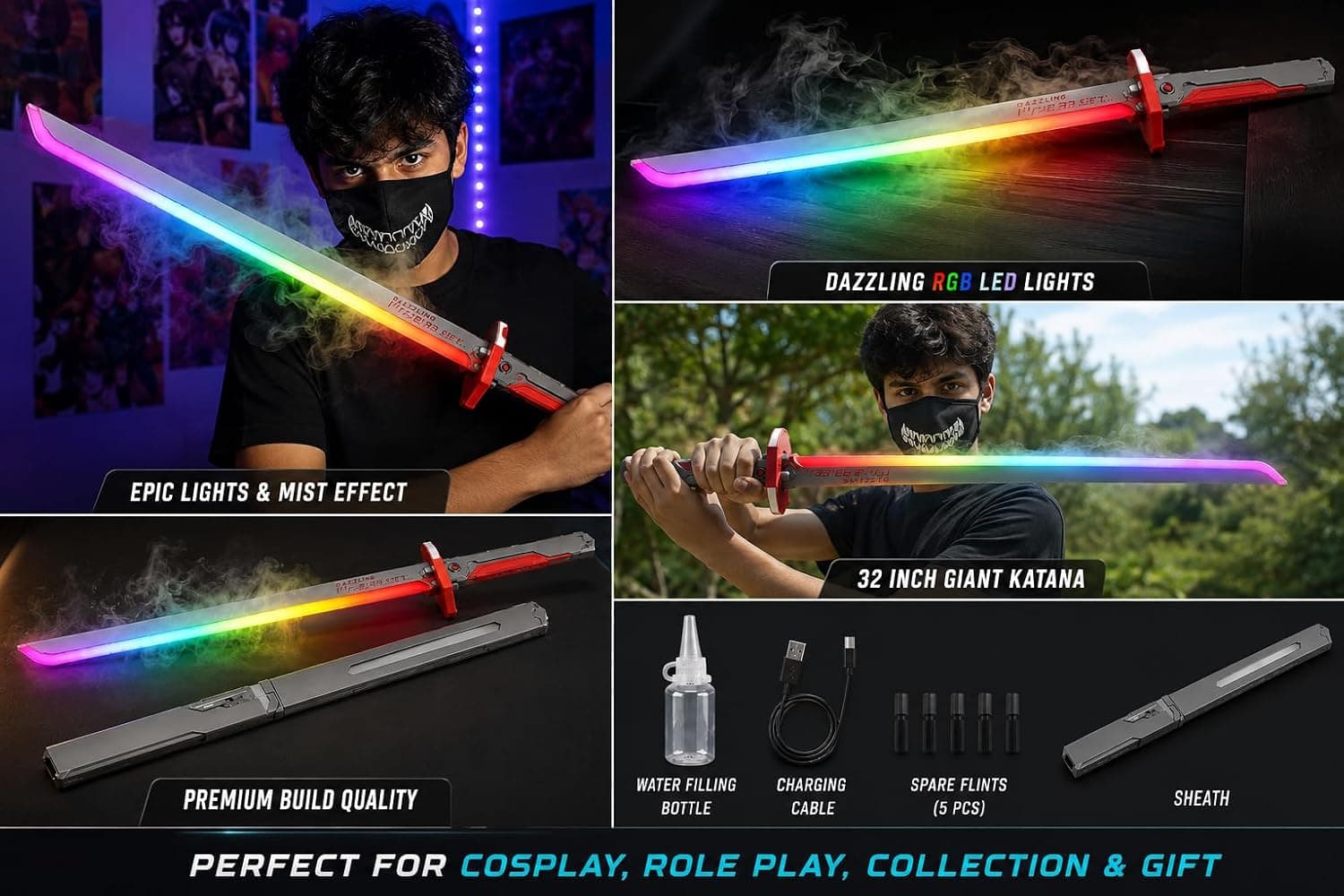 DAZZLING SWORD SPRAY - LED Katana Sword Toy with Mist Spray Effect, Rechargeable RGB Flowing Lights & Sound Effects, USB Charging Anime Role Play Toy — view 4