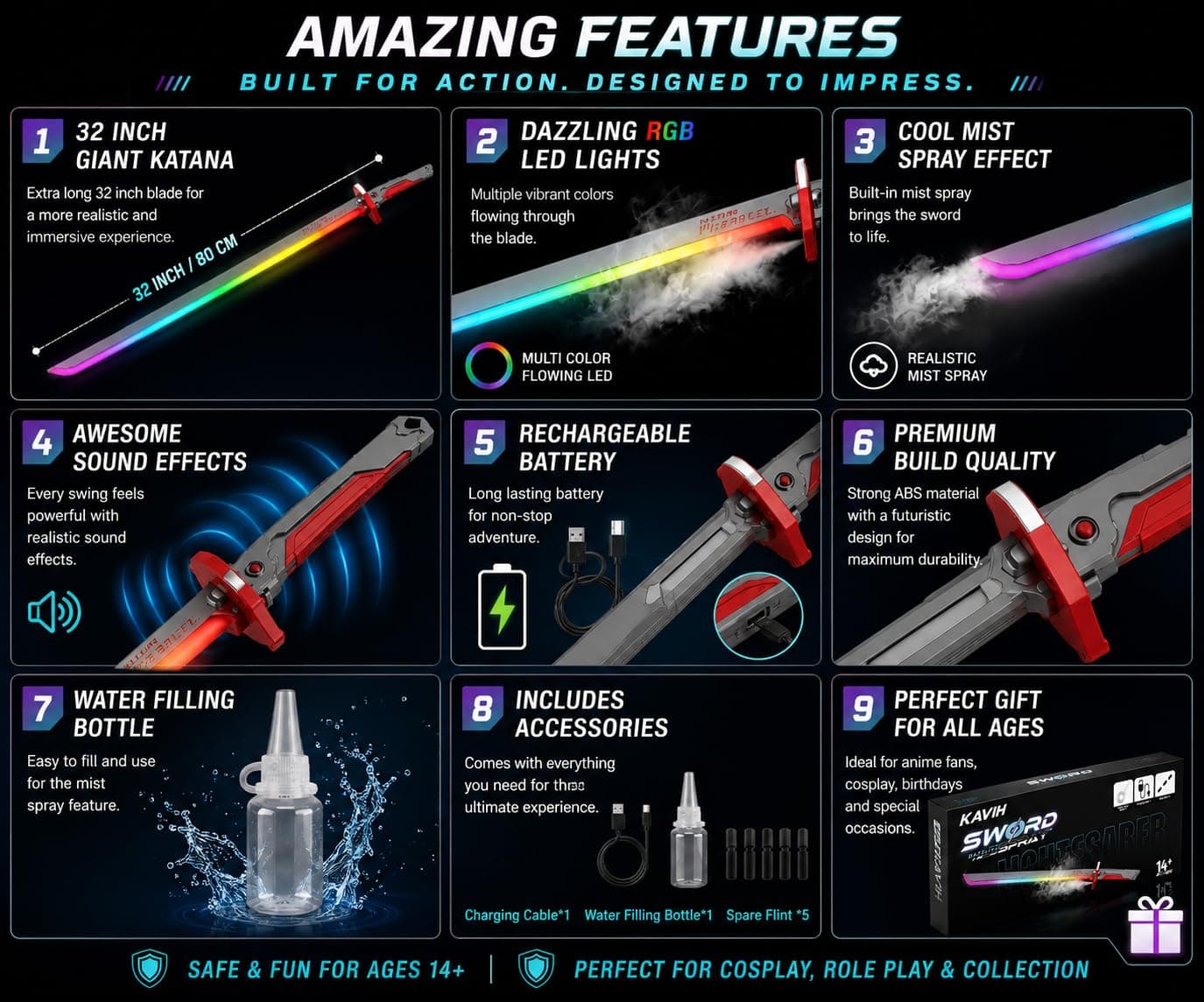 DAZZLING SWORD SPRAY - LED Katana Sword Toy with Mist Spray Effect, Rechargeable RGB Flowing Lights & Sound Effects, USB Charging Anime Role Play Toy — view 5