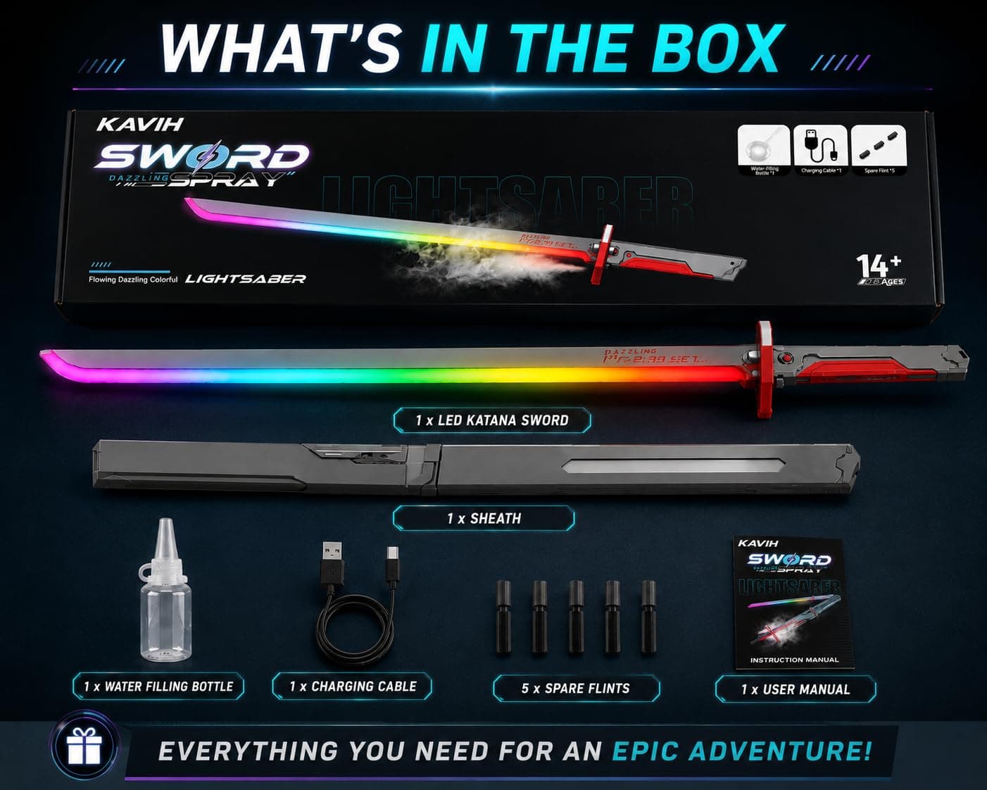 DAZZLING SWORD SPRAY - LED Katana Sword Toy with Mist Spray Effect, Rechargeable RGB Flowing Lights & Sound Effects, USB Charging Anime Role Play Toy — view 7