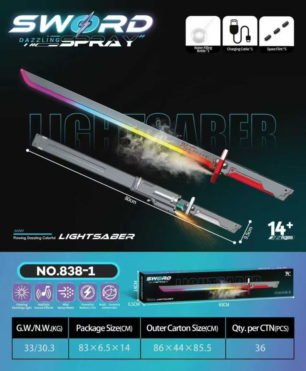 DAZZLING SWORD SPRAY - LED Katana Sword Toy with Mist Spray Effect, Rechargeable RGB Flowing Lights & Sound Effects, USB Charging Anime Role Play Toy — view 8