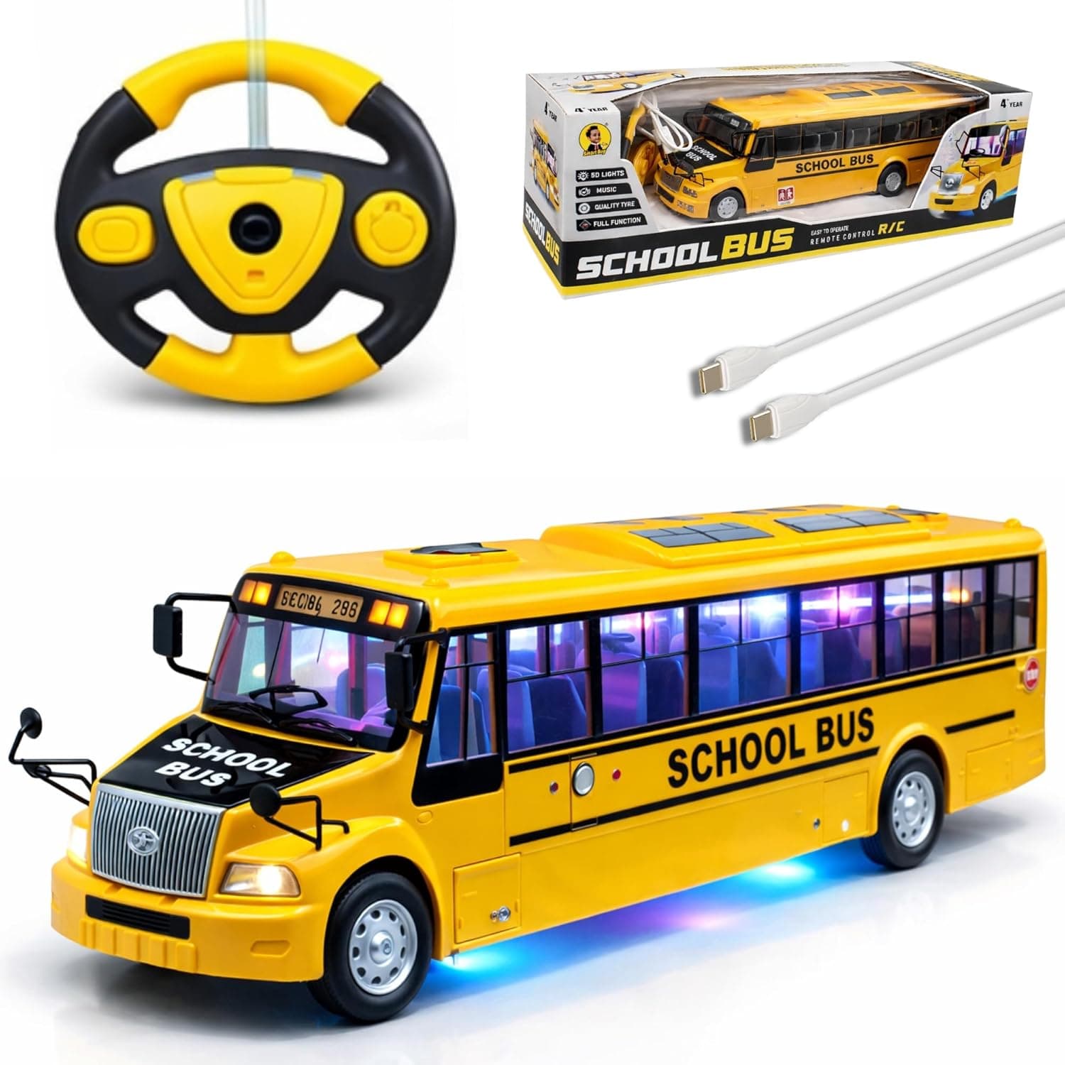 SB RC School Bus Toys for Kids Remote Control with LED Lights, 2.4GHz Remote Control, USB Rechargeable, Big Large Size, Musical 'Wheels on the Bus' Song for Boys & Girls 3+ 7778 Yellow