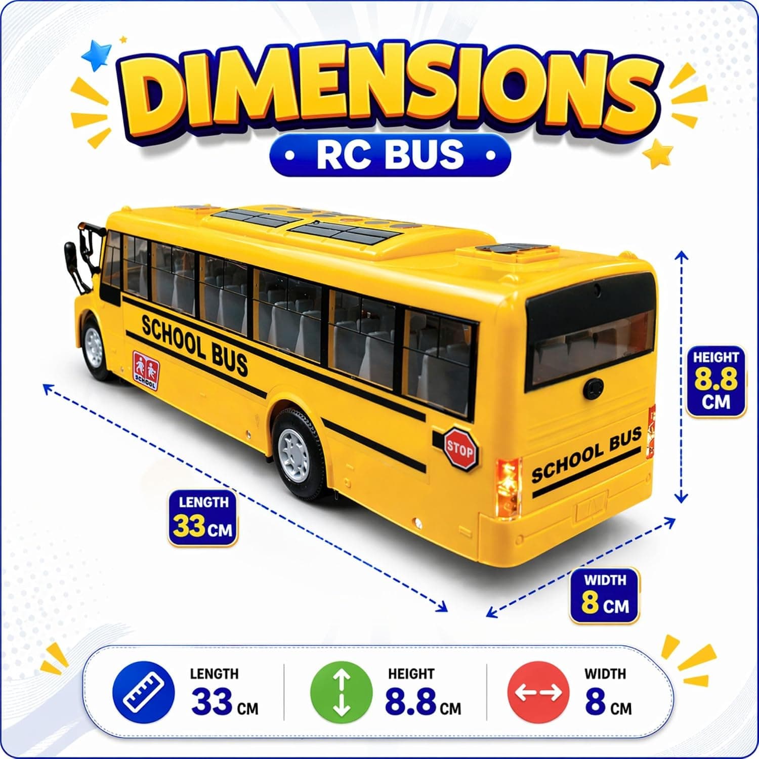 SB RC School Bus Toys for Kids Remote Control with LED Lights, 2.4GHz Remote Control, USB Rechargeable, Big Large Size, Musical 'Wheels on the Bus' Song for Boys & Girls 3+ 7778 Yellow — view 2