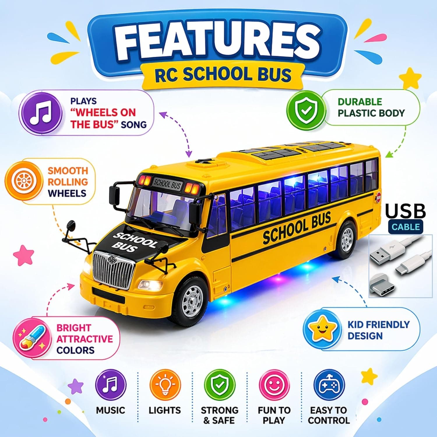 SB RC School Bus Toys for Kids Remote Control with LED Lights, 2.4GHz Remote Control, USB Rechargeable, Big Large Size, Musical 'Wheels on the Bus' Song for Boys & Girls 3+ 7778 Yellow — view 3