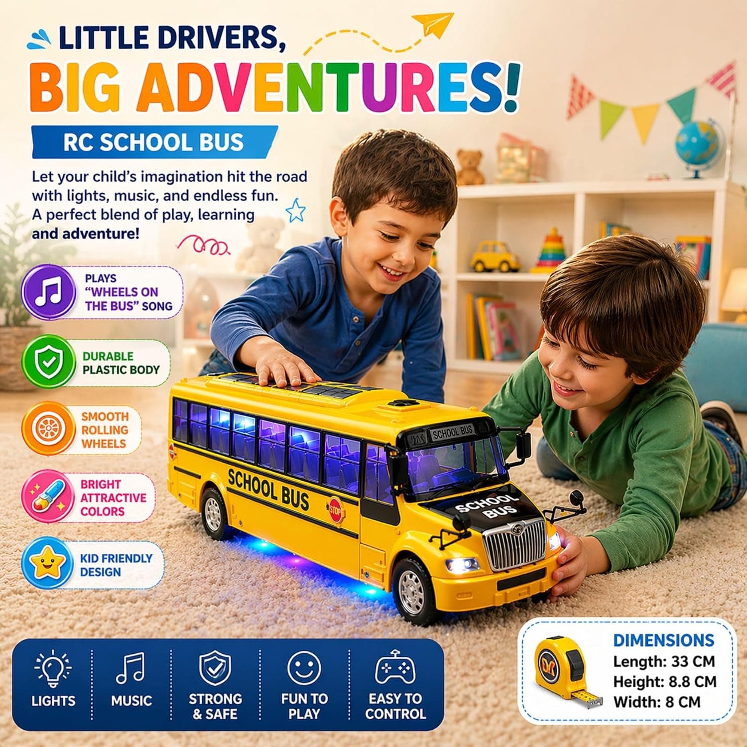 SB RC School Bus Toys for Kids Remote Control with LED Lights, 2.4GHz Remote Control, USB Rechargeable, Big Large Size, Musical 'Wheels on the Bus' Song for Boys & Girls 3+ 7778 Yellow — view 4