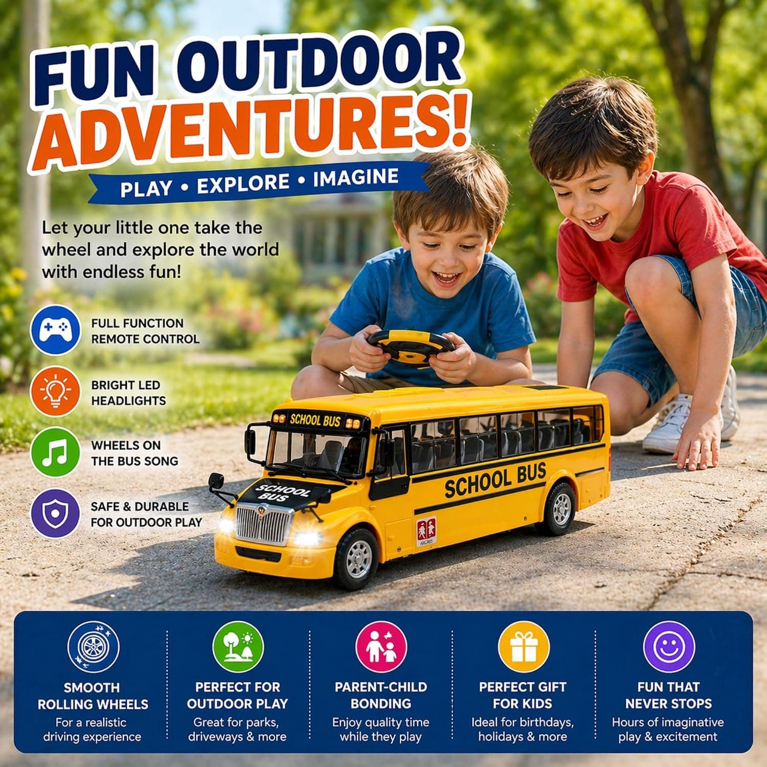 SB RC School Bus Toys for Kids Remote Control with LED Lights, 2.4GHz Remote Control, USB Rechargeable, Big Large Size, Musical 'Wheels on the Bus' Song for Boys & Girls 3+ 7778 Yellow — view 6