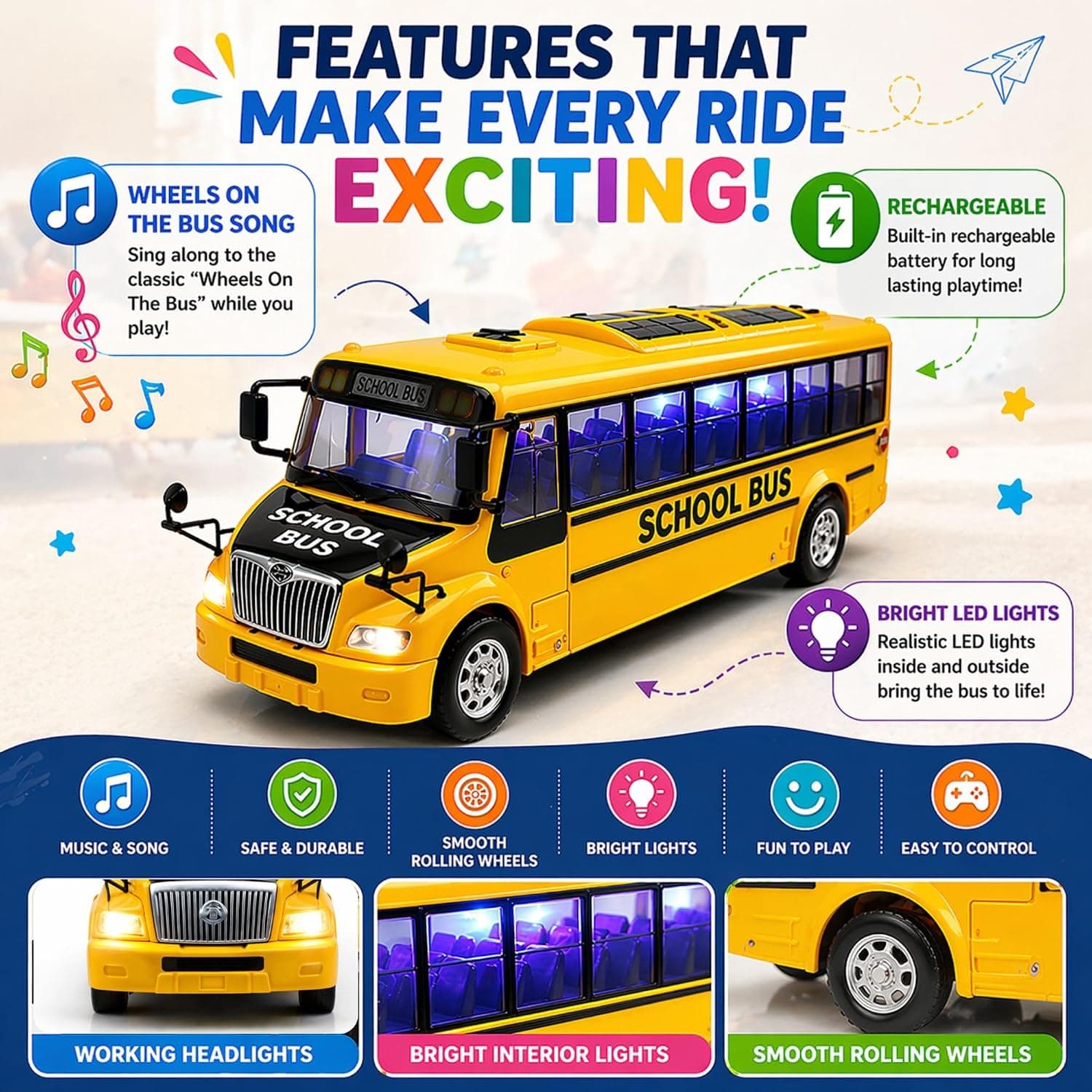 SB RC School Bus Toys for Kids Remote Control with LED Lights, 2.4GHz Remote Control, USB Rechargeable, Big Large Size, Musical 'Wheels on the Bus' Song for Boys & Girls 3+ 7778 Yellow — view 7