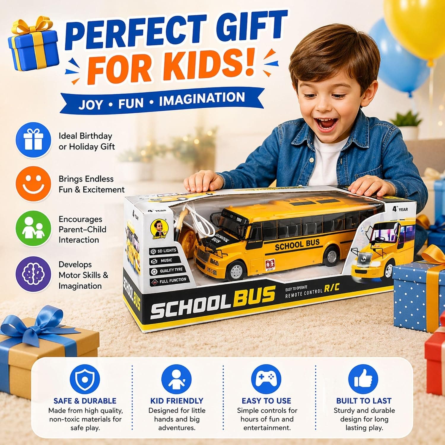 SB RC School Bus Toys for Kids Remote Control with LED Lights, 2.4GHz Remote Control, USB Rechargeable, Big Large Size, Musical 'Wheels on the Bus' Song for Boys & Girls 3+ 7778 Yellow — view 8