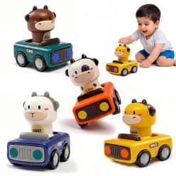 Press & Go Animal Cars for Toddlers | Set of 4 Friction-Powered Push & Go Mini Toys Cars | Cow, Goat, Giraffe & Bull Design