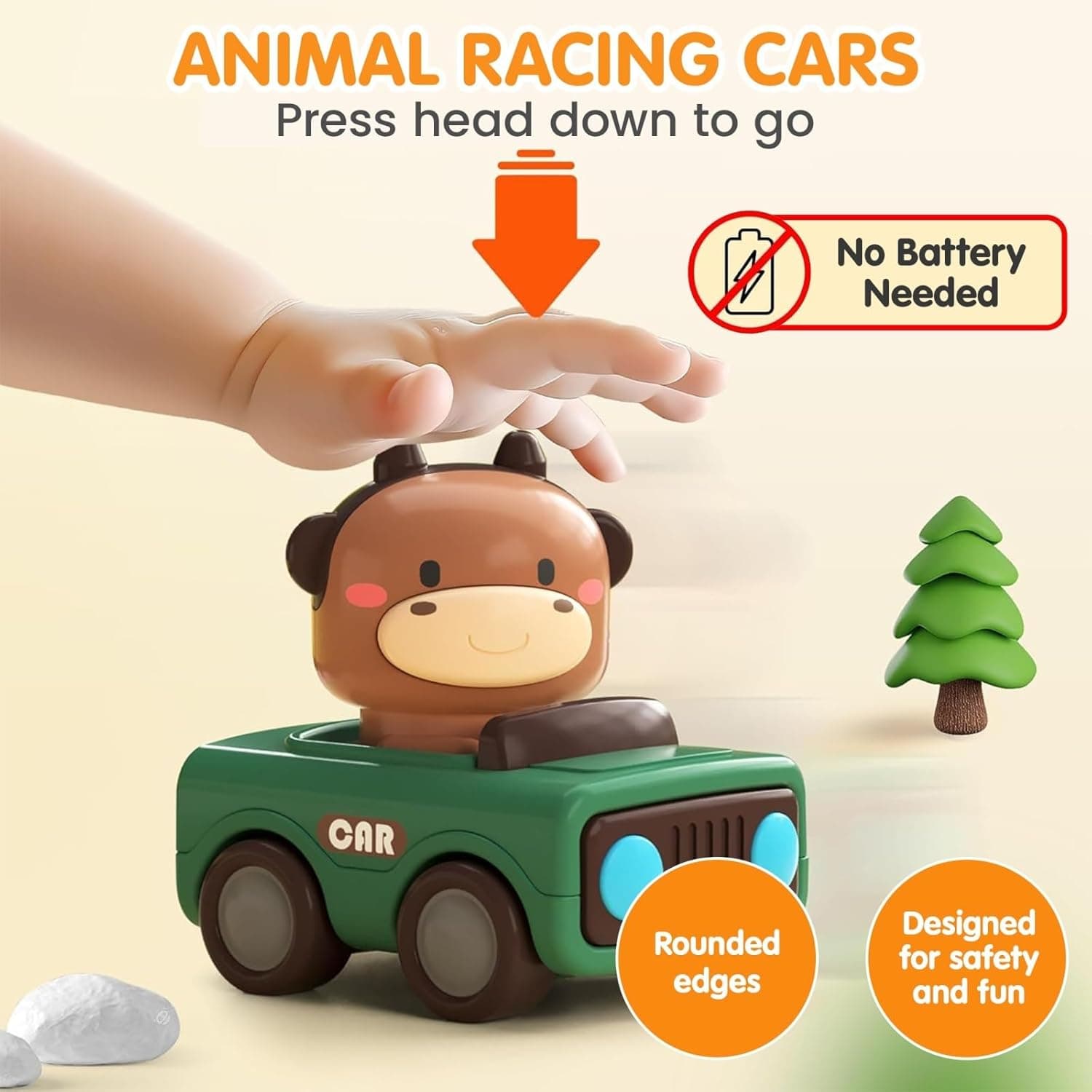 Press & Go Animal Cars for Toddlers | Set of 4 Friction-Powered Push & Go Mini Toys Cars | Cow, Goat, Giraffe & Bull Design — view 2