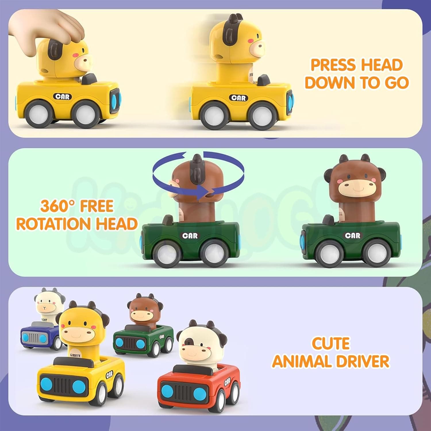 Press & Go Animal Cars for Toddlers | Set of 4 Friction-Powered Push & Go Mini Toys Cars | Cow, Goat, Giraffe & Bull Design — view 3