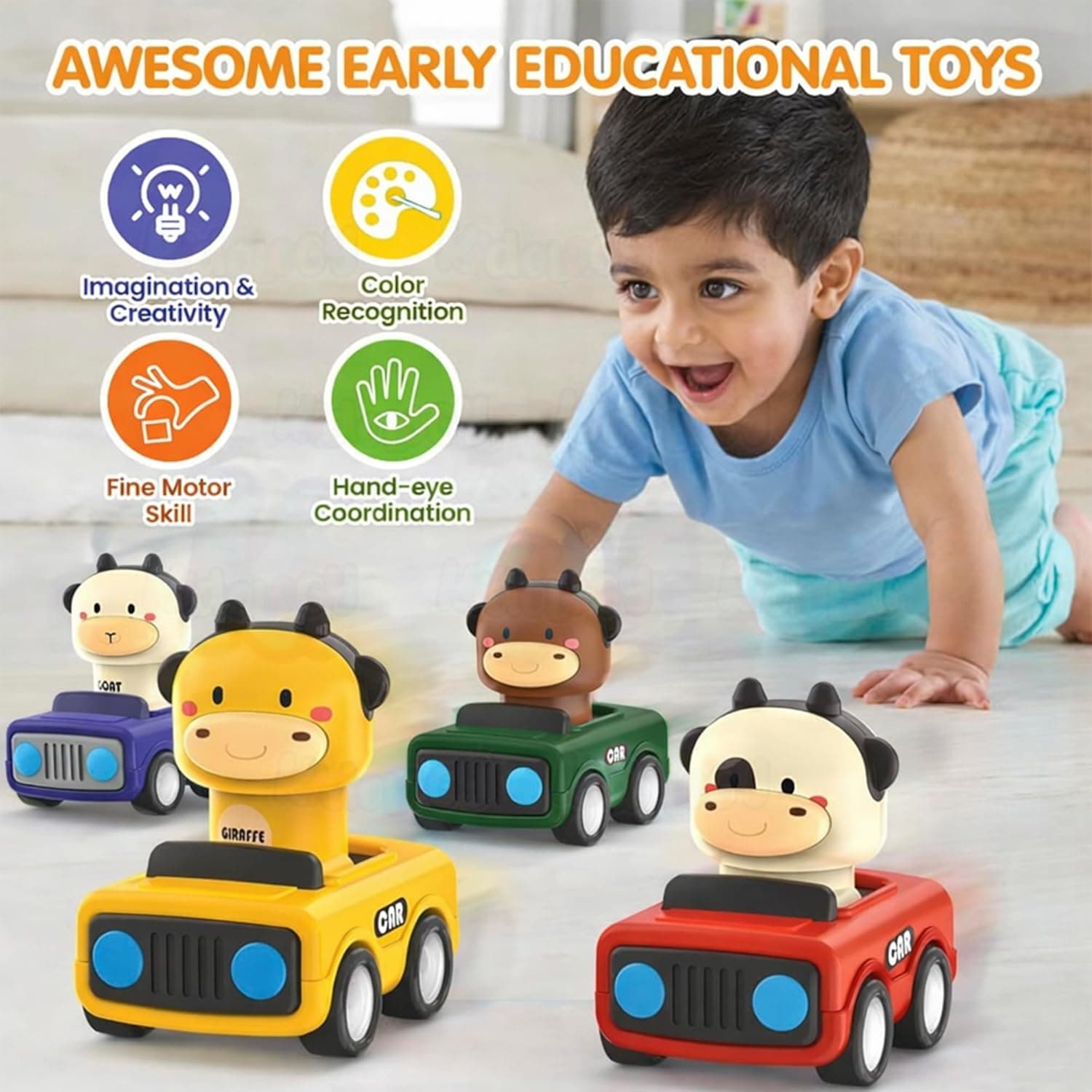 Press & Go Animal Cars for Toddlers | Set of 4 Friction-Powered Push & Go Mini Toys Cars | Cow, Goat, Giraffe & Bull Design — view 5