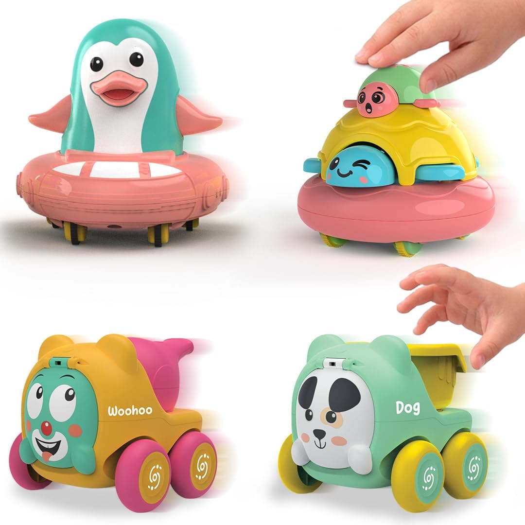 Friction Powered Toy Vehicles Pack of 4 for Kids with Topsy Turtle, Penguin, Carnival Car with Whistle & Farm Truck Designs,Best Gift for Kids, 3+ Years