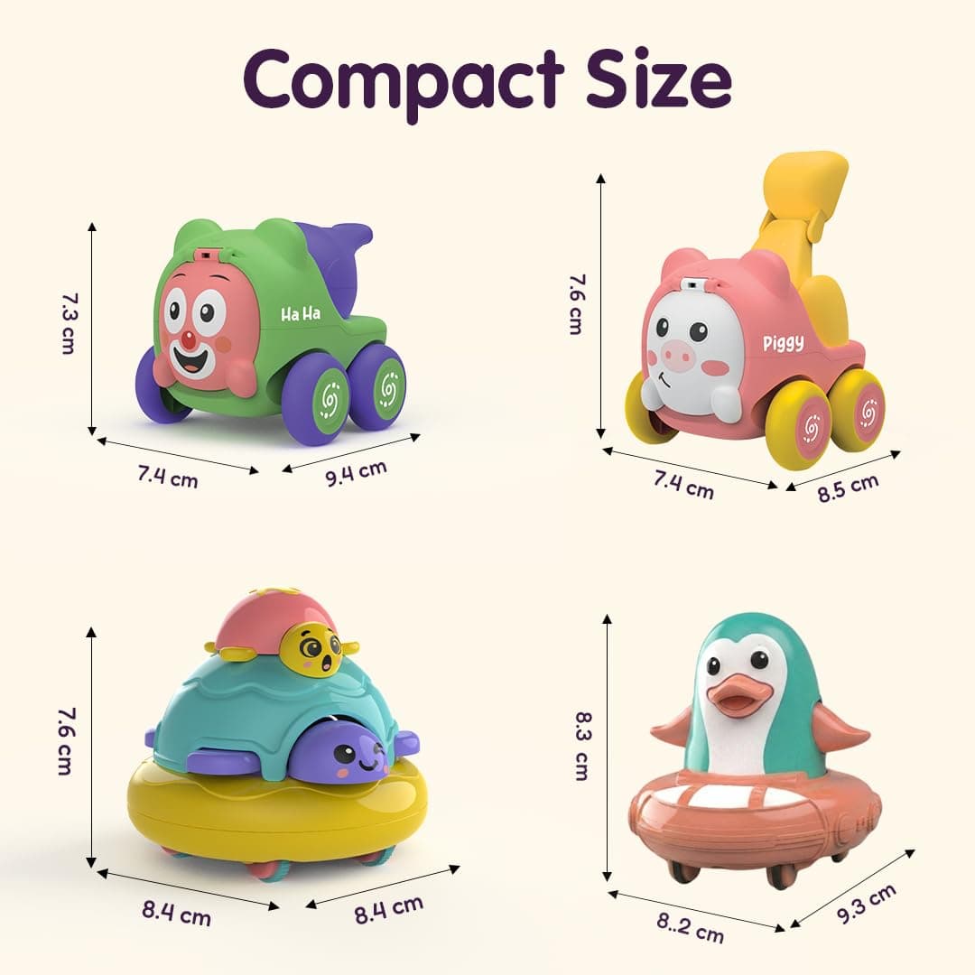 Friction Powered Toy Vehicles Pack of 4 for Kids with Topsy Turtle, Penguin, Carnival Car with Whistle & Farm Truck Designs,Best Gift for Kids, 3+ Years — view 2