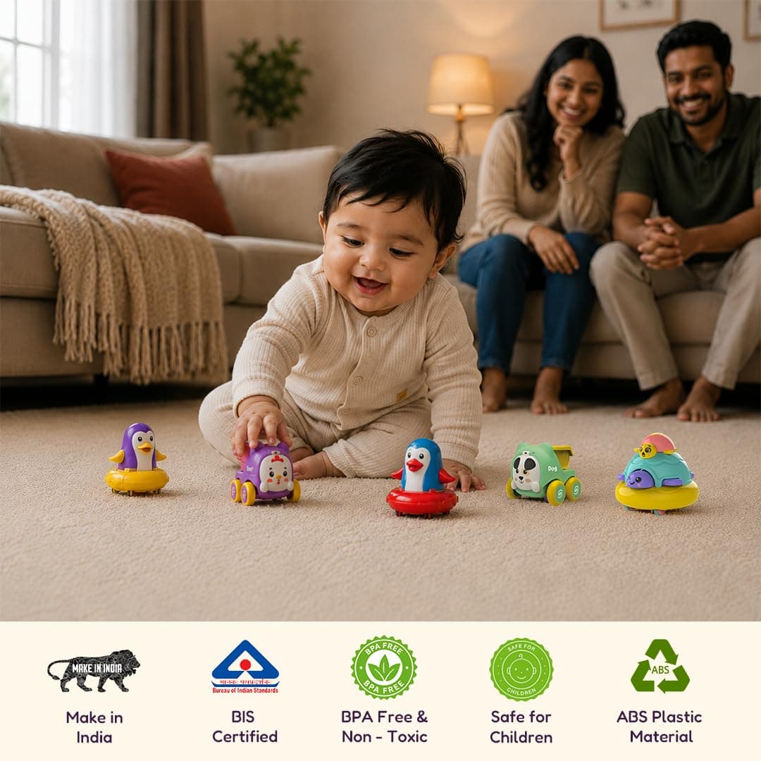 Friction Powered Toy Vehicles Pack of 4 for Kids with Topsy Turtle, Penguin, Carnival Car with Whistle & Farm Truck Designs,Best Gift for Kids, 3+ Years — view 3