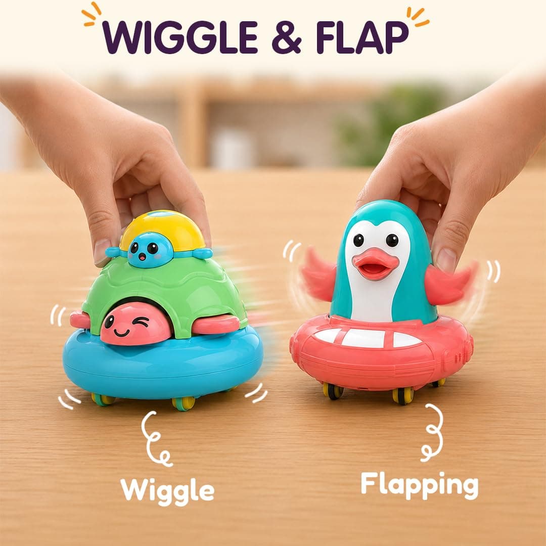 Friction Powered Toy Vehicles Pack of 4 for Kids with Topsy Turtle, Penguin, Carnival Car with Whistle & Farm Truck Designs,Best Gift for Kids, 3+ Years — view 4