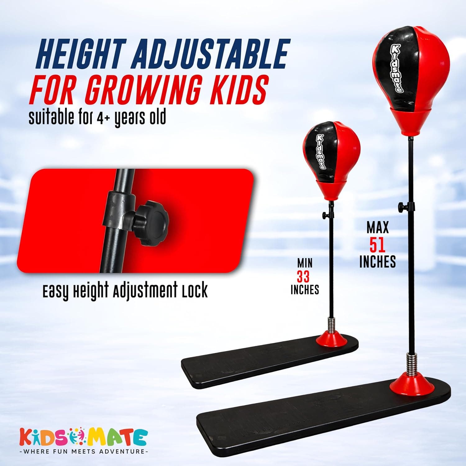 Kidsmate Power Punch Boxing Punching Stand for Kids with Gloves & Pump | Adjustable Height Freestanding Punch Ball, Fitness Training Indoor Exercise Toy for Boys & Girls of Ages 3-15 yrs - Red/Black — view 2