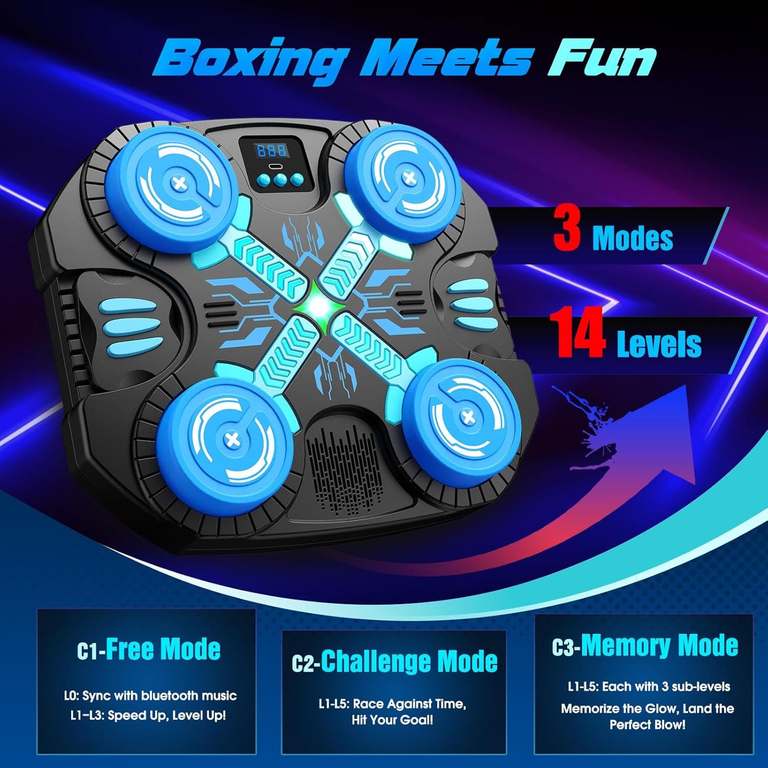 Boxing Machine with Music for Kids-3 Game Modes & 14 Levels, 5 6 7 8 9 10 11 12 Year Old Boy Girl Christmas Sports Toys Birthday Gifts, Wall Mounted Bluetooth Punching Target with Scoring & Gloves — view 3