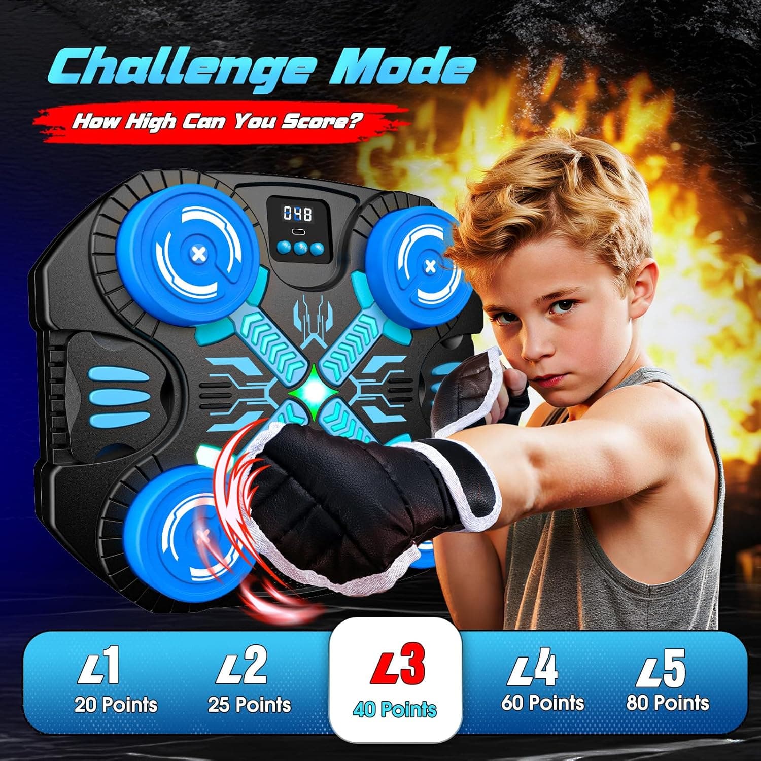 Boxing Machine with Music for Kids-3 Game Modes & 14 Levels, 5 6 7 8 9 10 11 12 Year Old Boy Girl Christmas Sports Toys Birthday Gifts, Wall Mounted Bluetooth Punching Target with Scoring & Gloves — view 4