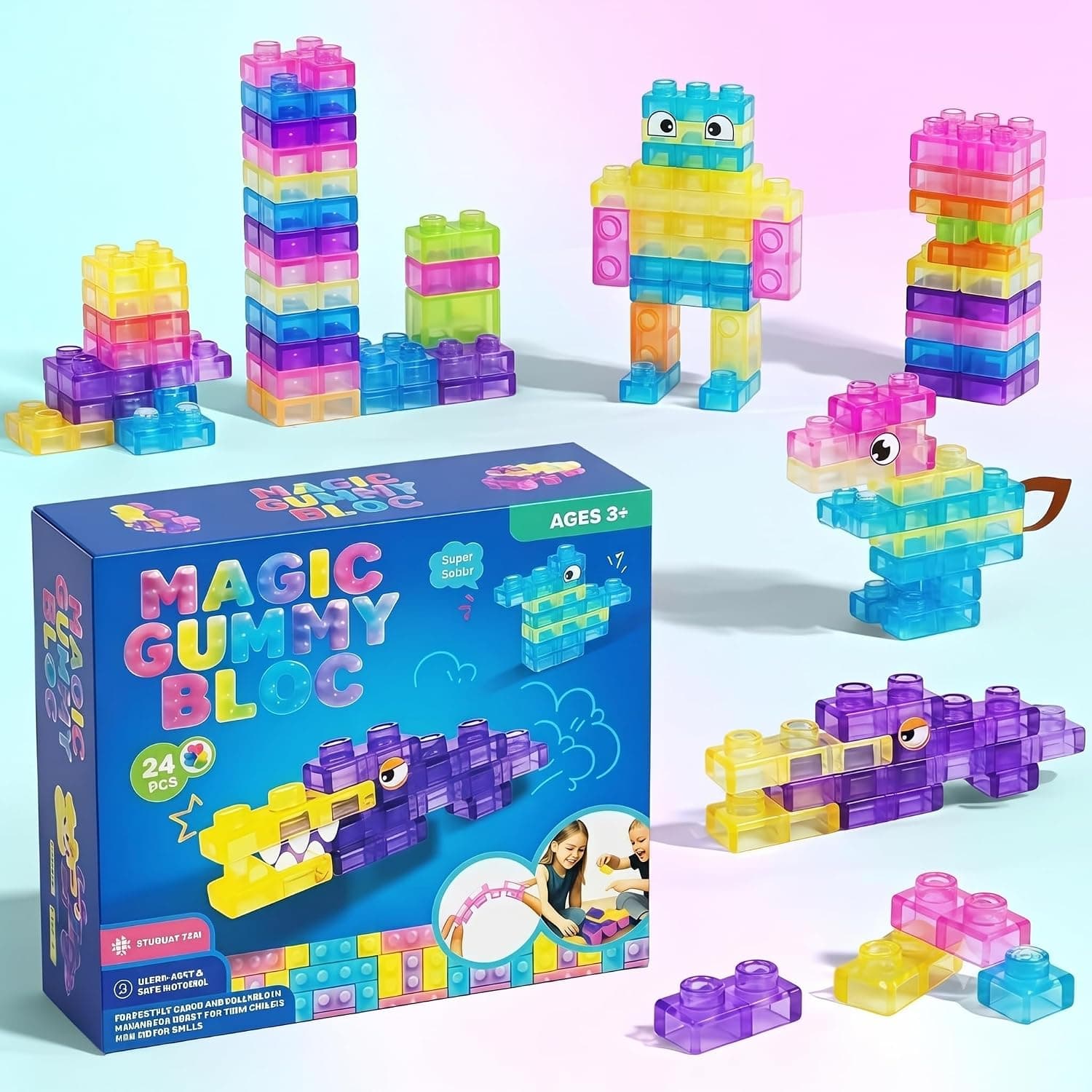 Jelly Building Blocks Set (20 Pcs) | Colourful Magic Gummy Blocks for Kids Ages 3+