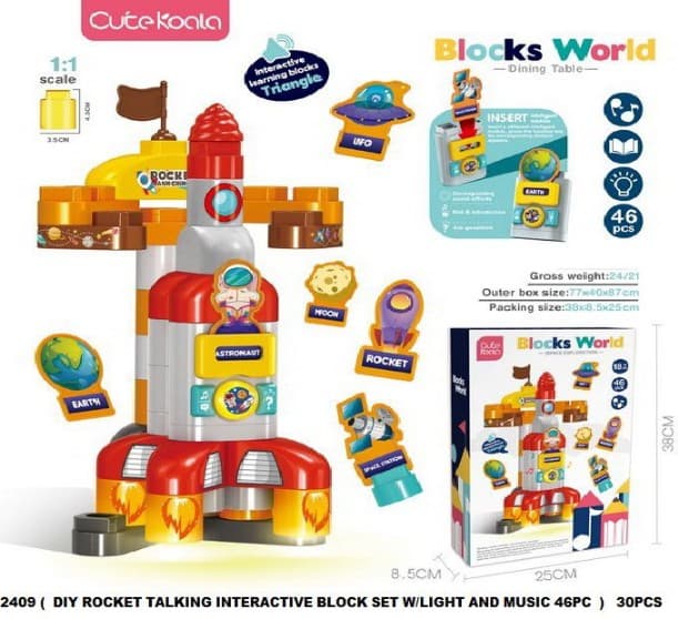 Lego Style Blocks World DIY Rocket Building Blocks Set (46 Pcs) | Talking Interactive Blocks with Light & Music