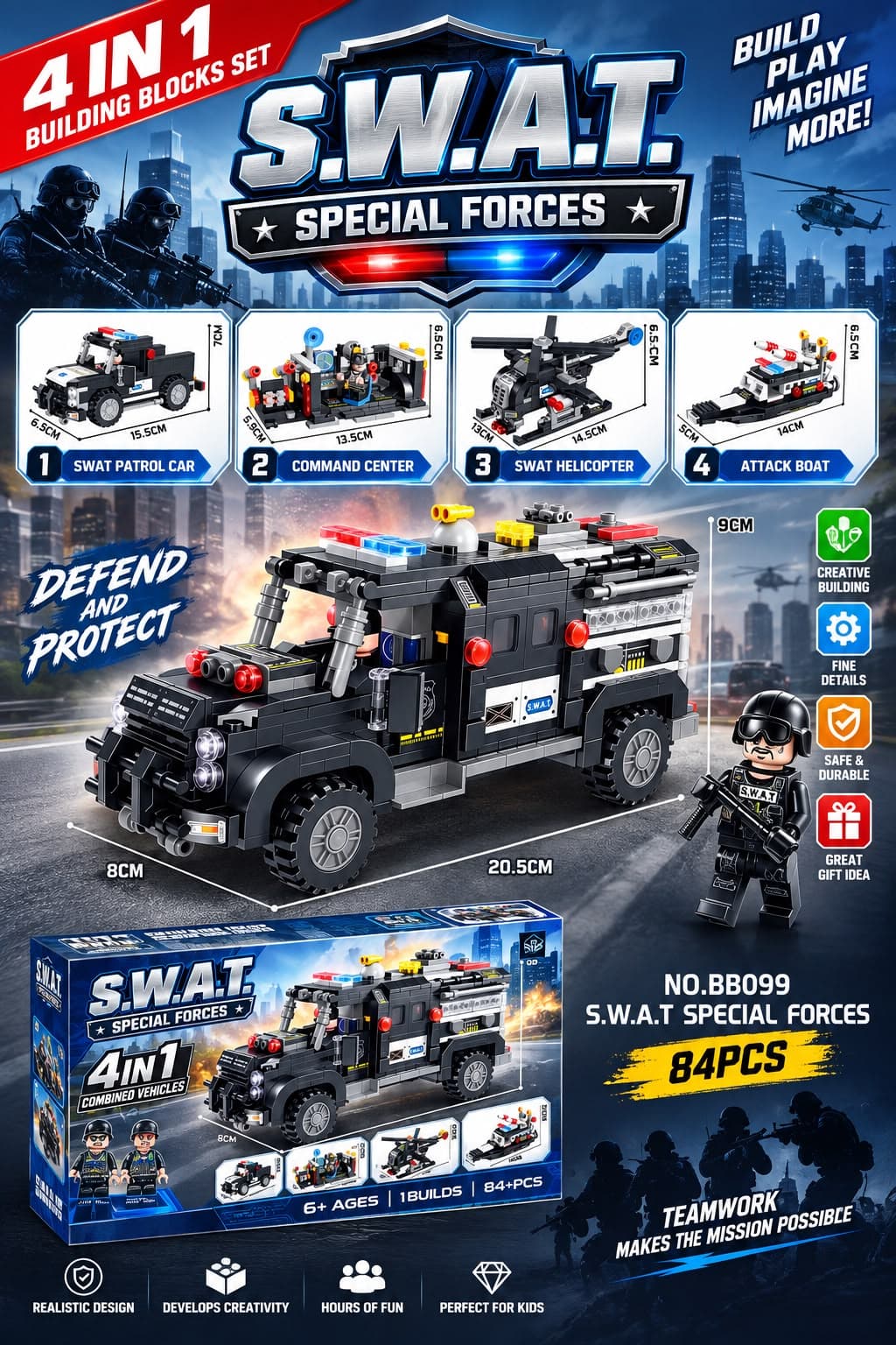 Lego Style S.W.A.T. Special Forces 4-in-1 Building Blocks Set (84 Pcs) | Patrol Car, Command Center, Helicopter & Attack Boat — view 2
