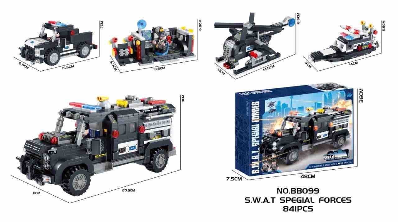 Lego Style S.W.A.T. Special Forces 4-in-1 Building Blocks Set (84 Pcs) | Patrol Car, Command Center, Helicopter & Attack Boat — view 3