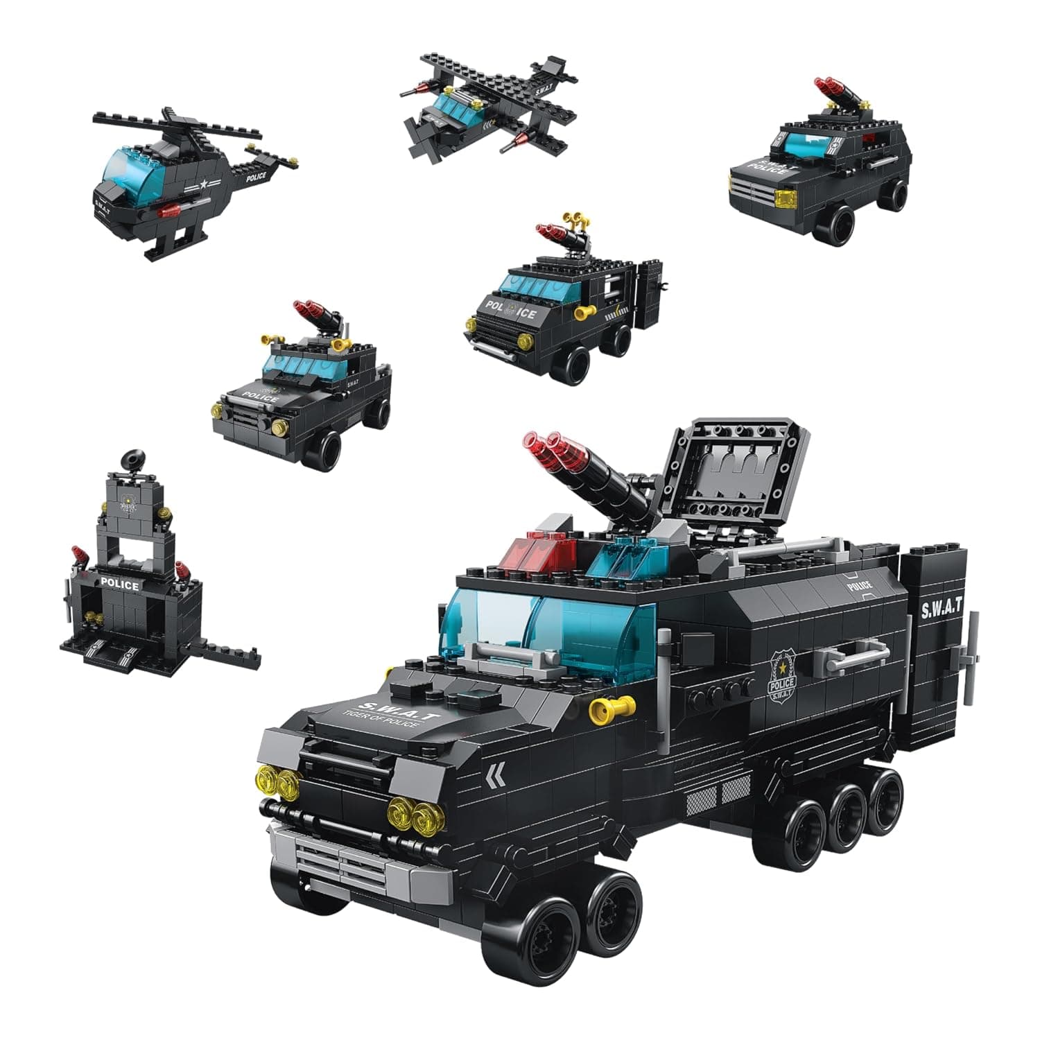 Lego Style S.W.A.T. Special Forces 4-in-1 Building Blocks Set (84 Pcs) | Patrol Car, Command Center, Helicopter & Attack Boat
