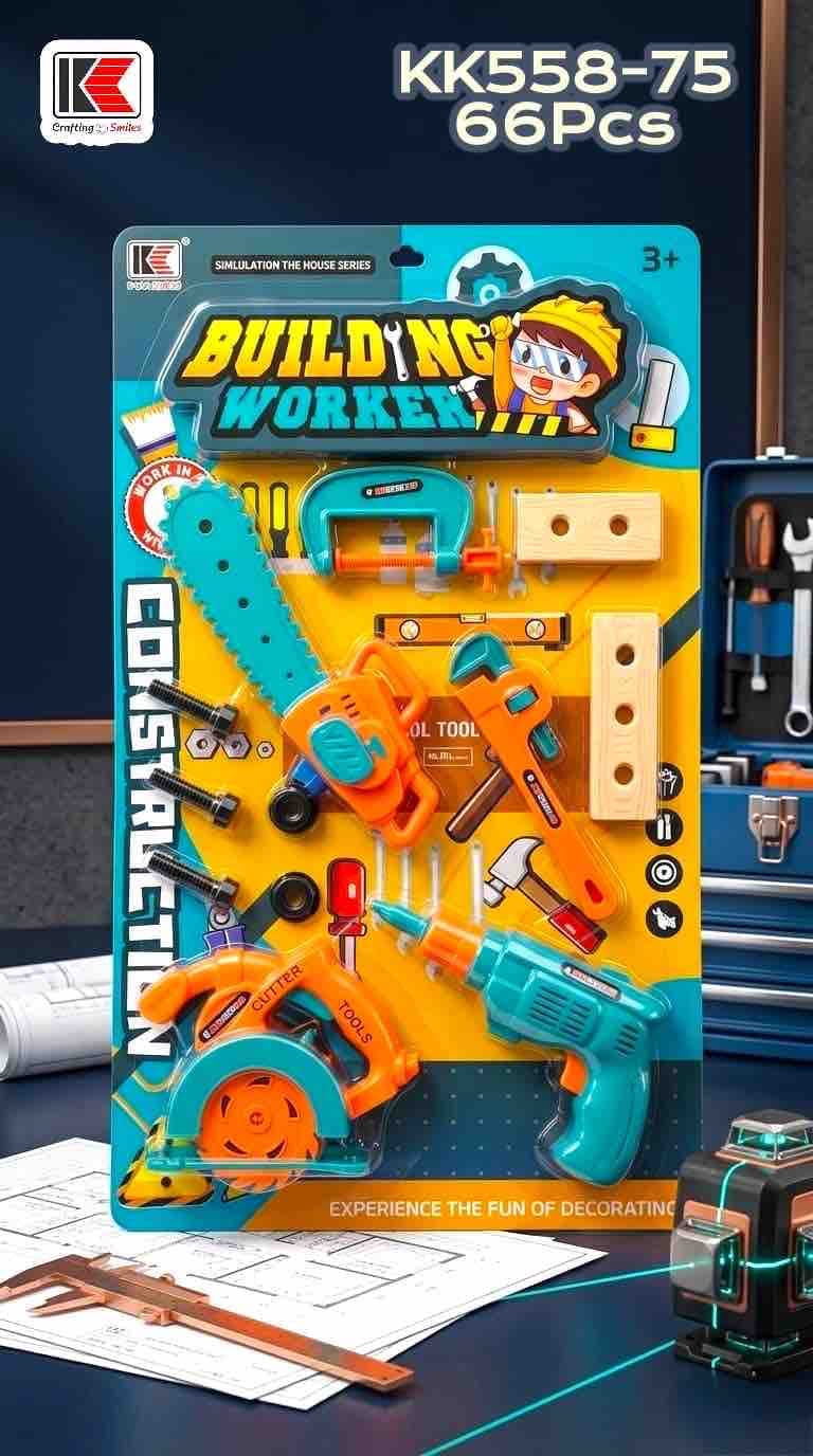 Kidoyz Building Worker Tool Set for Kids | 66 Pcs Pretend Play Construction Toolkit with Drill & Power Tools | Ages 3+
