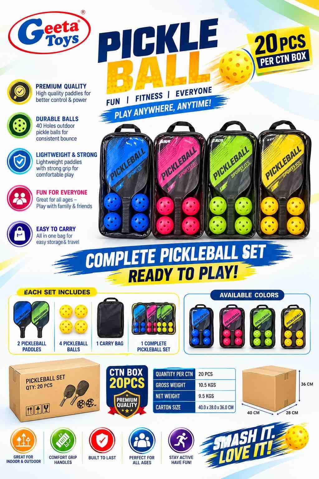 Kidoyz Pickleball Set | 2 Paddles, 4 Balls & Carry Bag | Complete Pickleball Racket Set for Indoor & Outdoor Play | Color As Per Stock — view 2