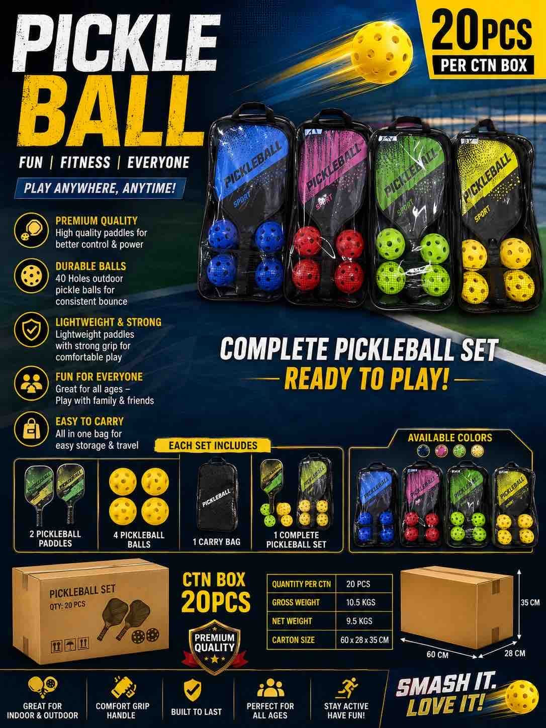 Kidoyz Pickleball Set | 2 Paddles, 4 Balls & Carry Bag | Complete Pickleball Racket Set for Indoor & Outdoor Play | Color As Per Stock — view 3