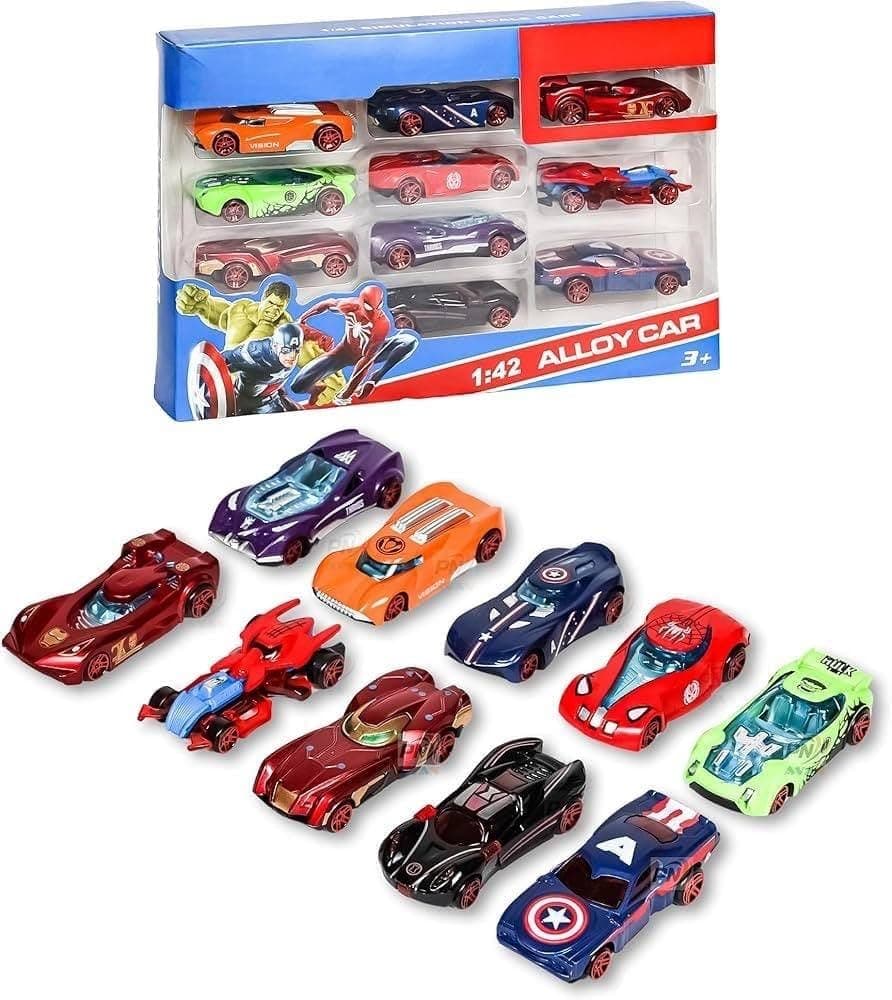 Kidoyz Hot Wheels Superhero Die-Cast Alloy Car Set | 10 Metal Cars, 1:42 Scale, Superhero Themed Racers in Gift Box | Ages 3+ | Color As Per Stock