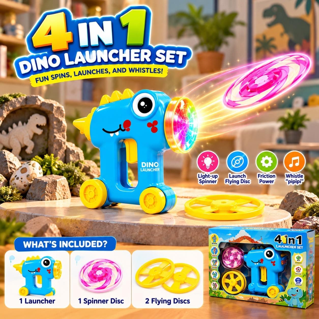 4-in-1 Dinosaur Launcher Toy with Flying Discs & Spinner | Interactive Toy — view 3